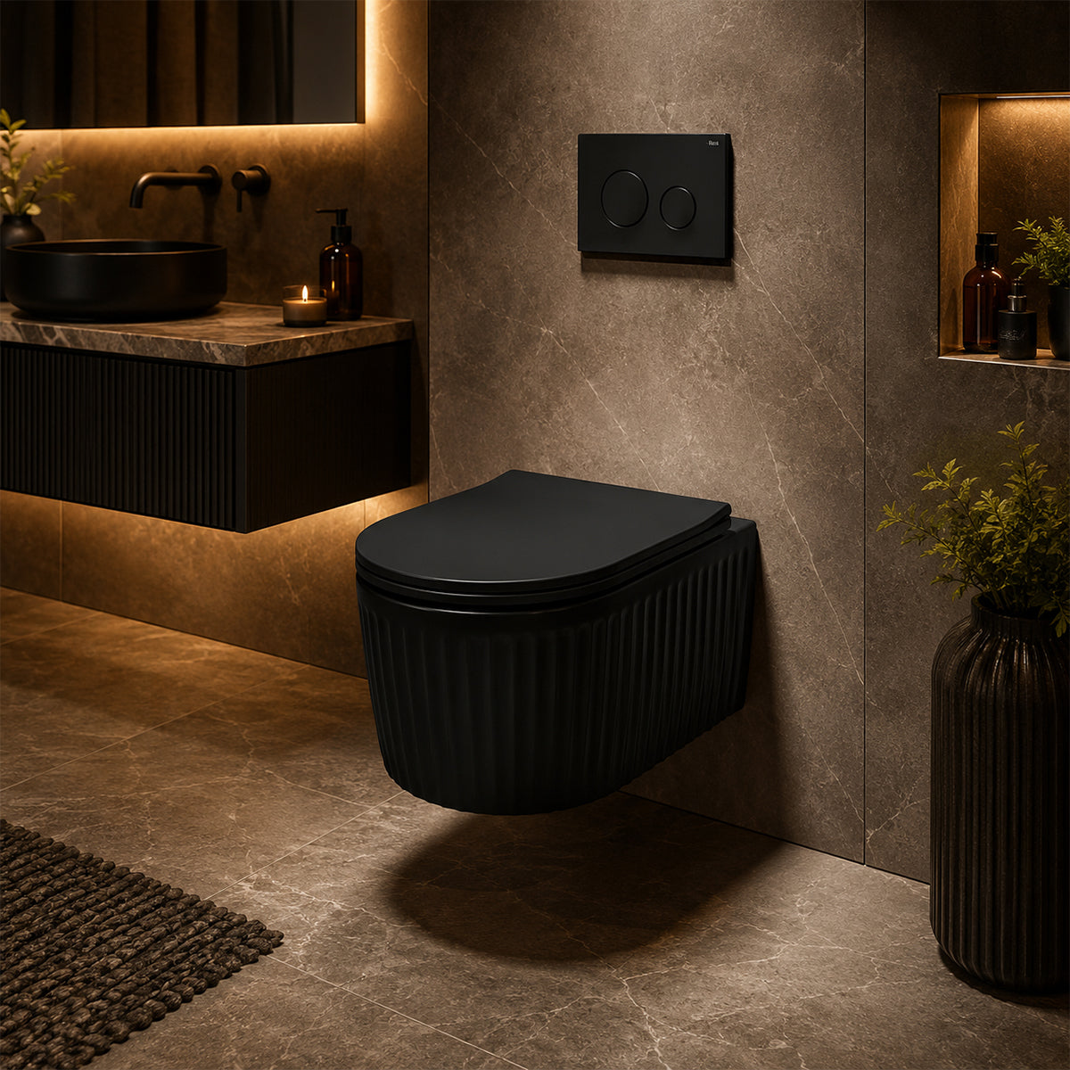 Vas WC, montaj suspendat, Negru Mat cu riflaj vertical, Sistem Tornado Flush, 49x36 cm, ceramica sanitara, Firenze