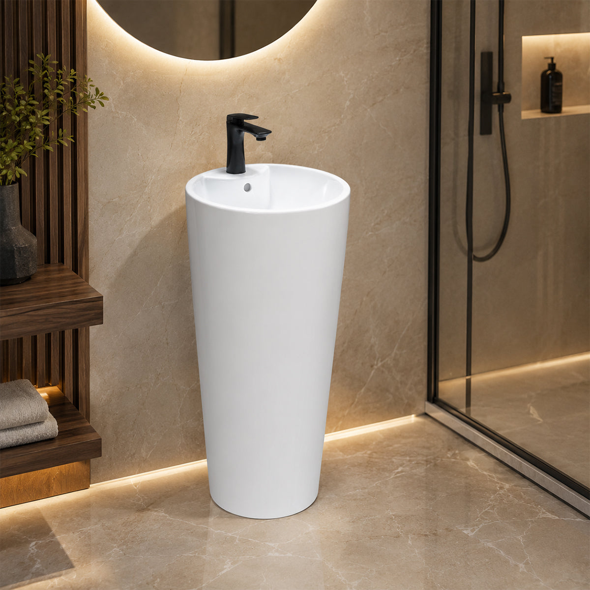 Lavoar stativ, Alb Lucios, 40x40x85 cm, ceramica sanitara, cu gaura de baterie , Lucia