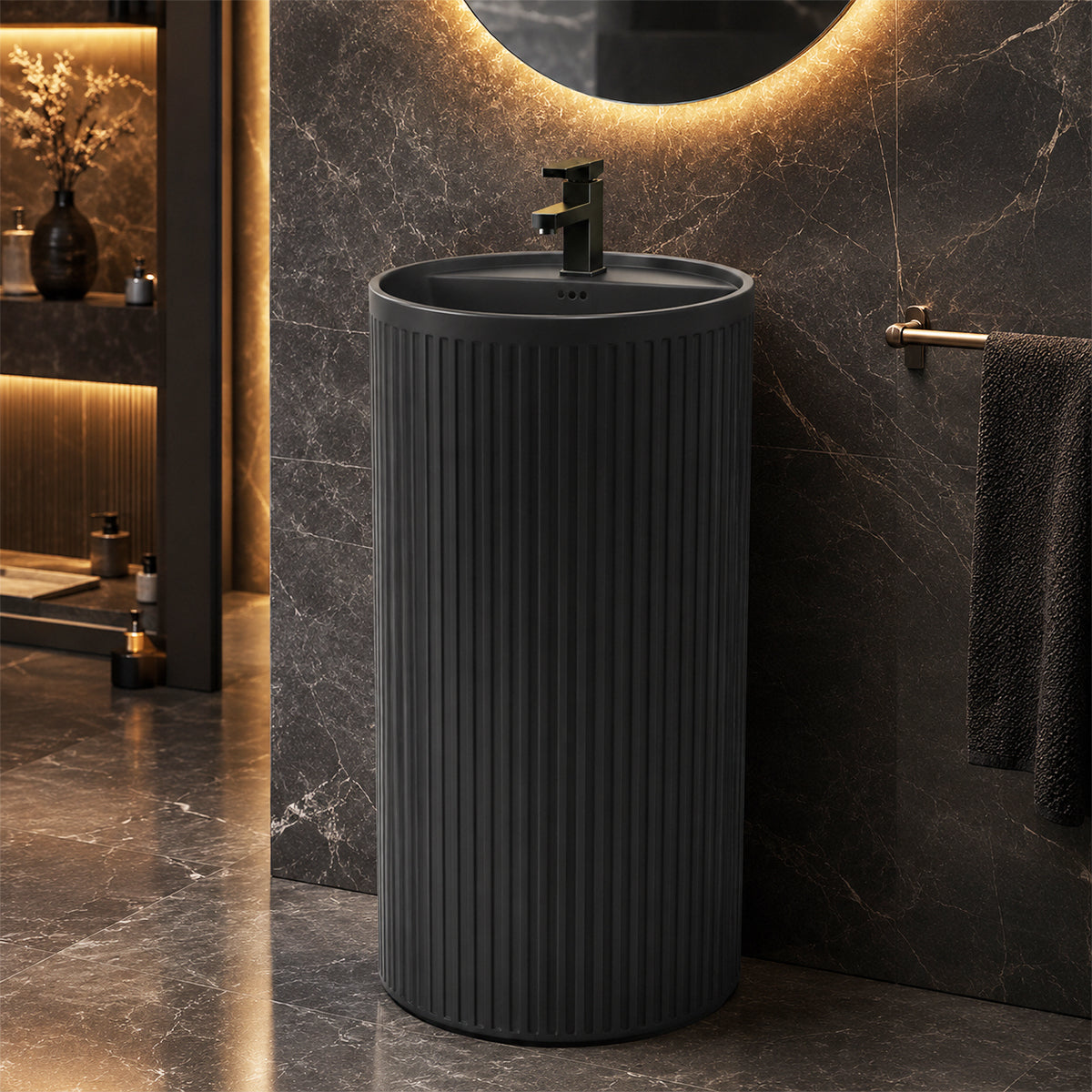 Lavoar freestanding Negru Mat cu riflaj vertical, 45x45x85 cm, cu gaura de baterie, ceramica sanitara, Firenze