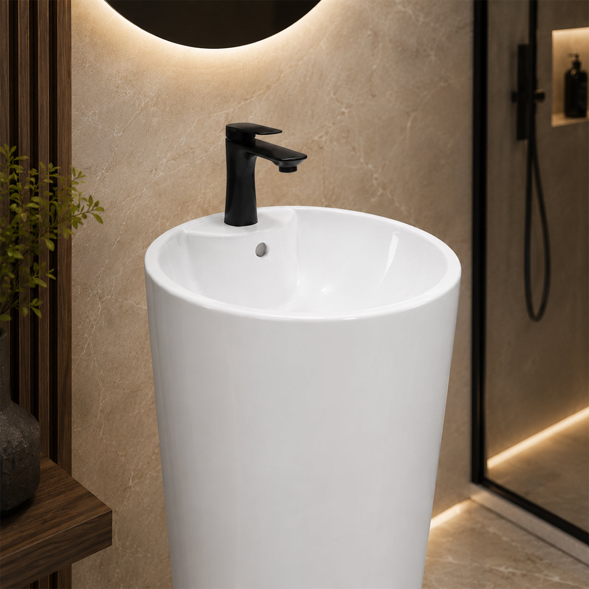 Lavoar stativ, Alb Lucios, 40x40x85 cm, ceramica sanitara, cu gaura de baterie , Lucia