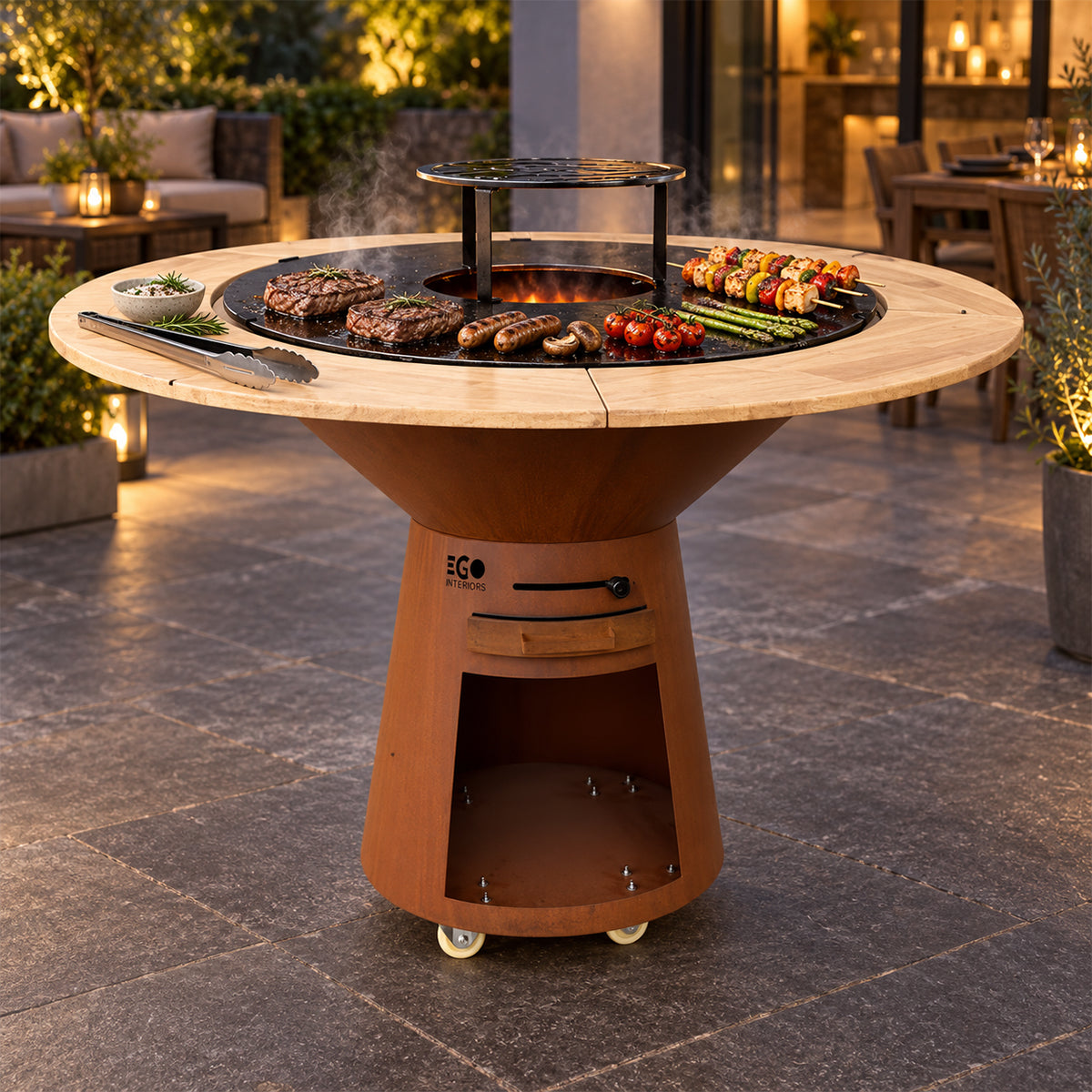 Gratar pe lemn, fonta, otel corten si lemn, Maro ruginiu, plita mare, spatiu depozitare lemne, roti transport, Ø100xH90 cm, Avangarde