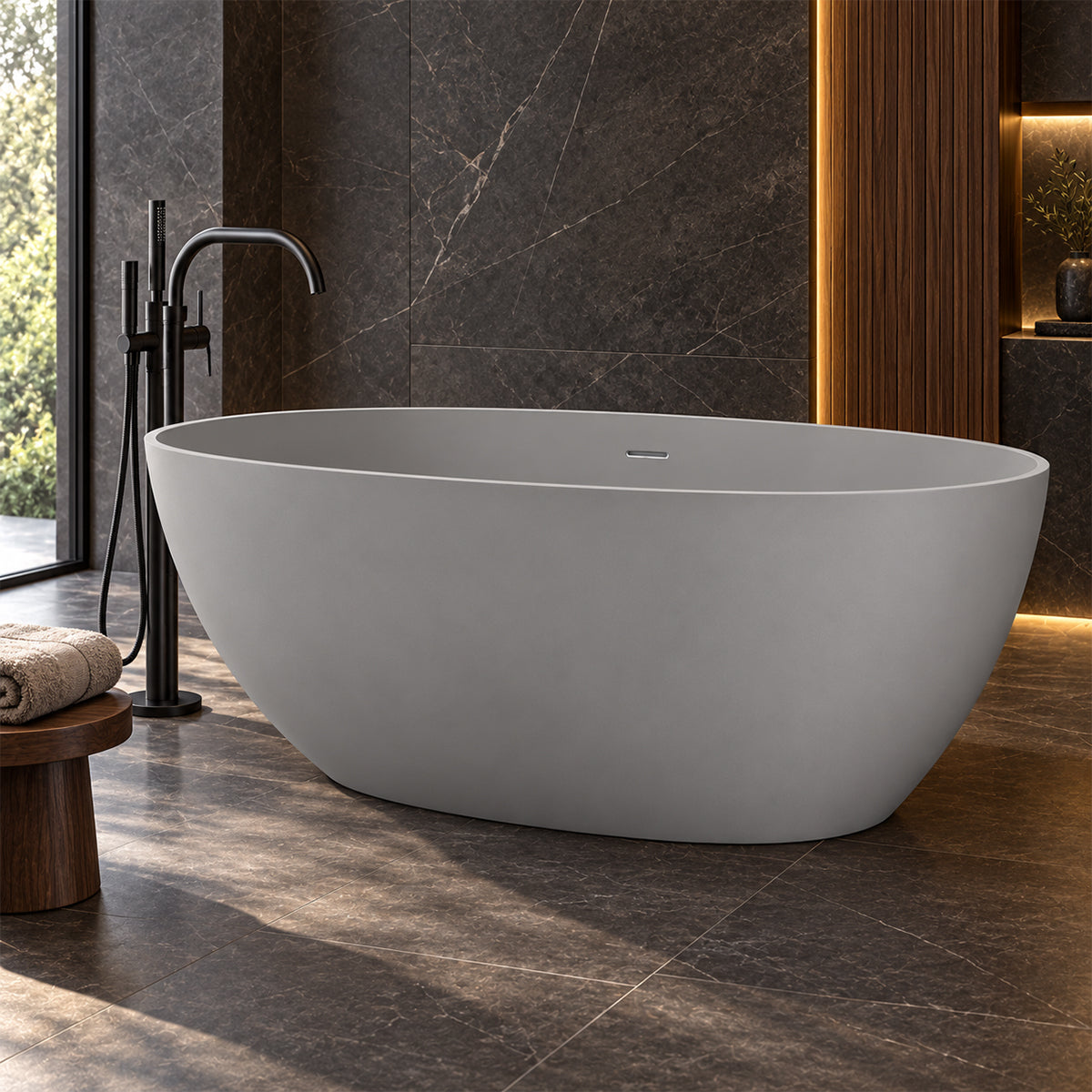Cada de baie, compozit mineral, freestanding, Gri Ciment Mat, ventil crom inclus, 170x78 cm, Aveline