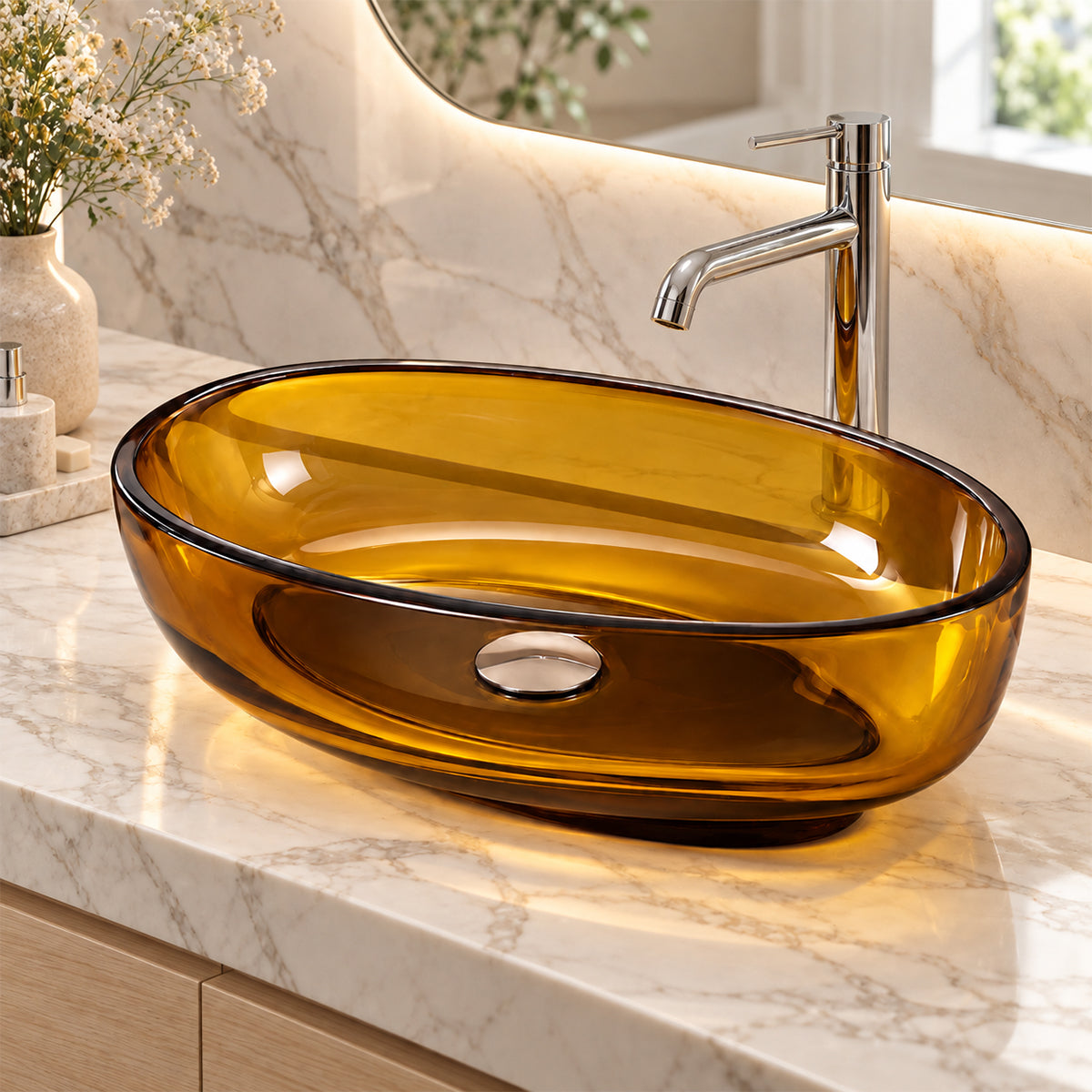 Lavoar, CristalMood, culoarea graului, transparent, ventil crom inclus, 55x37 cm, montaj pe blat, Siena