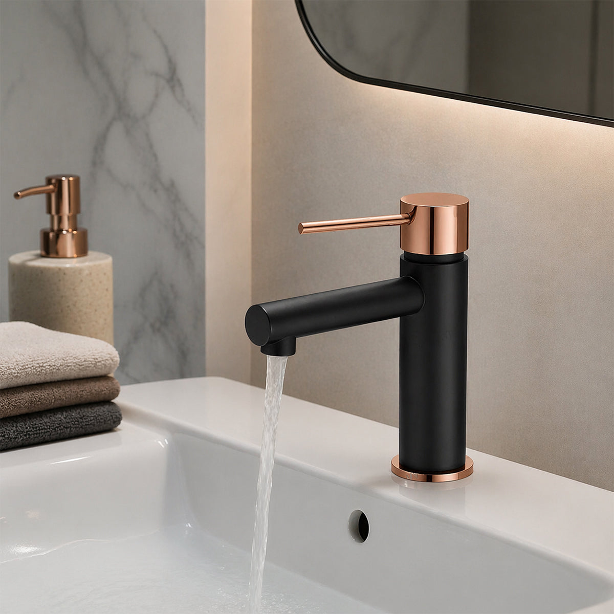 Baterie lavoar, perlator, montaj pe lavoar, Negru cu Rose Gold, Murano