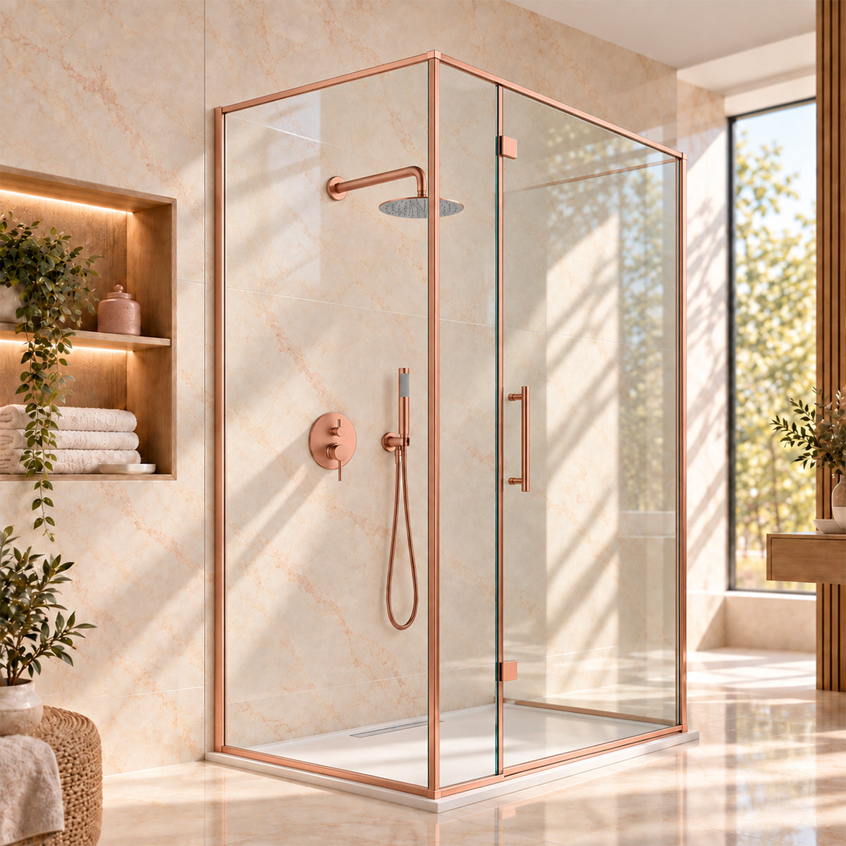 Sistem de dus, otel, Rose Gold, 2 functii, dus tip ploaie, dus de mana, montaj pe perete, Fino