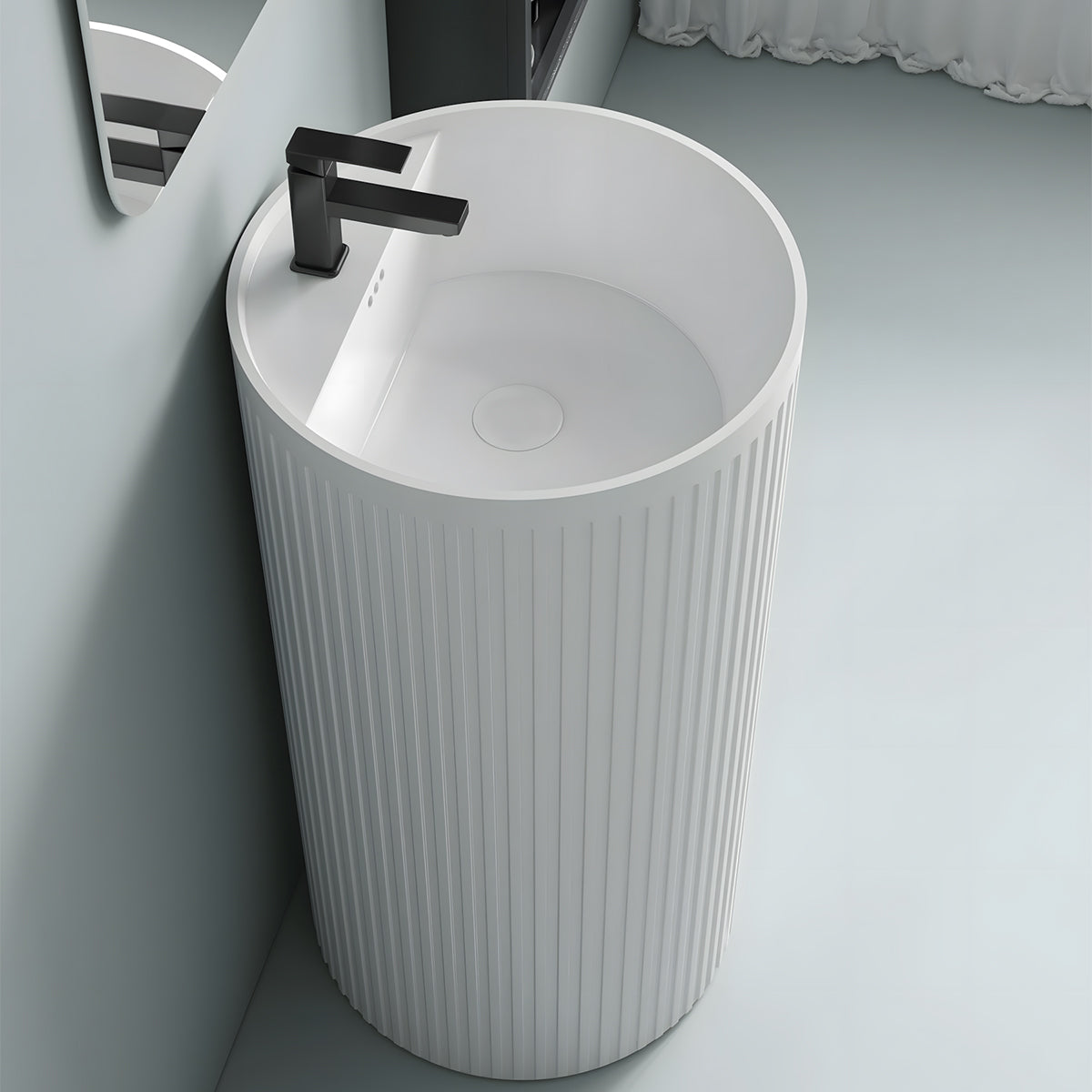 Lavoar freestanding alb lucios cu riflaj vertical, 45x45x85 cm, fara gaura de baterie, ceramica sanitara, Firenze