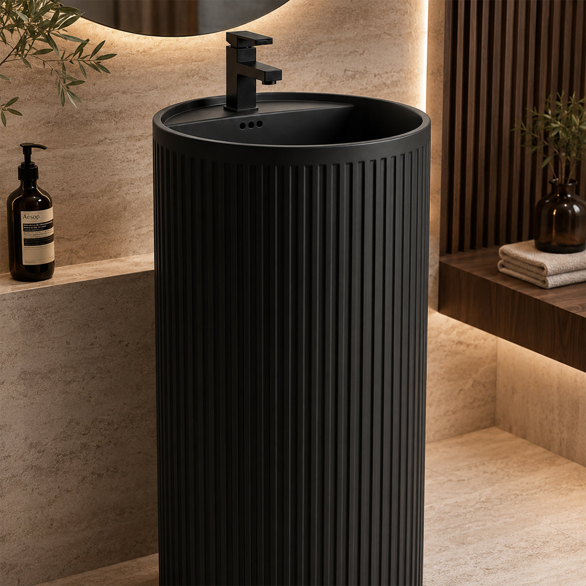 Lavoar freestanding Negru Mat cu riflaj vertical, 45x45x85 cm, cu gaura de baterie, ceramica sanitara, Firenze