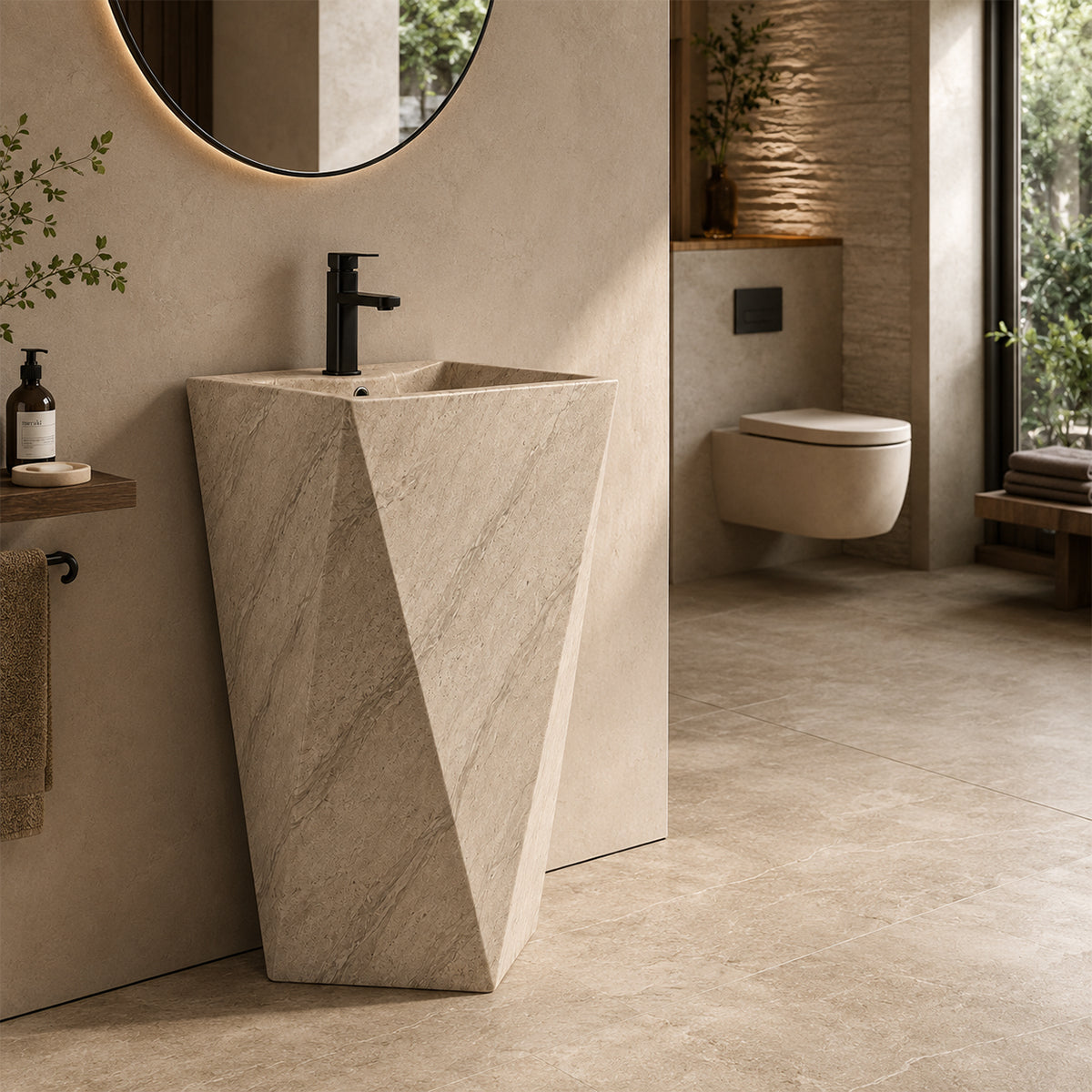 Lavoar stativ, cu gaura de baterie, 47x47x83 cm, montaj pe podea, ceramica sanitara, Enrico Stone