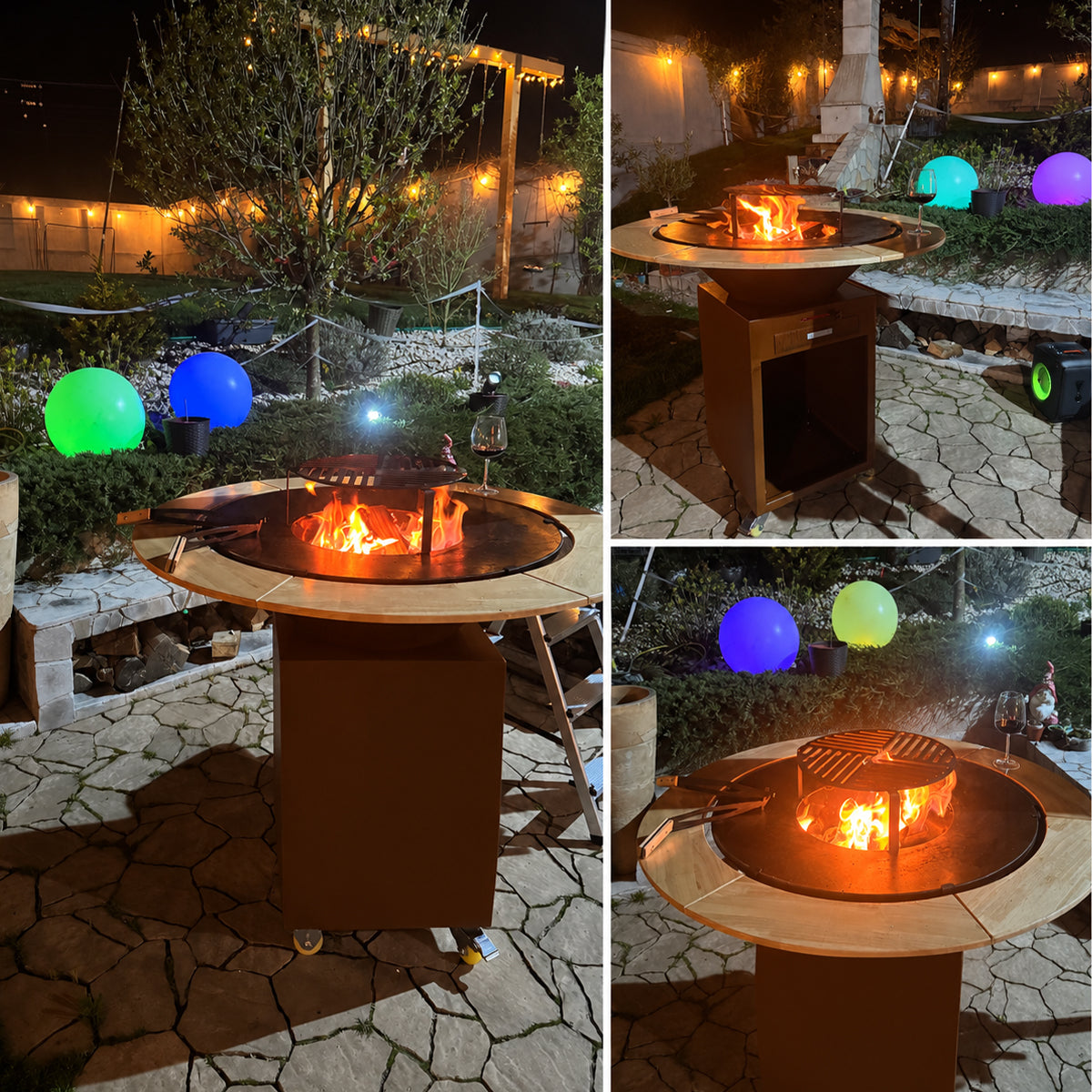 Gratar cu plita din fonta Aurelius, corten 2 mm, blat stejar, spatiu lemne, maner si roti pivotante, Ø100xH100 cm