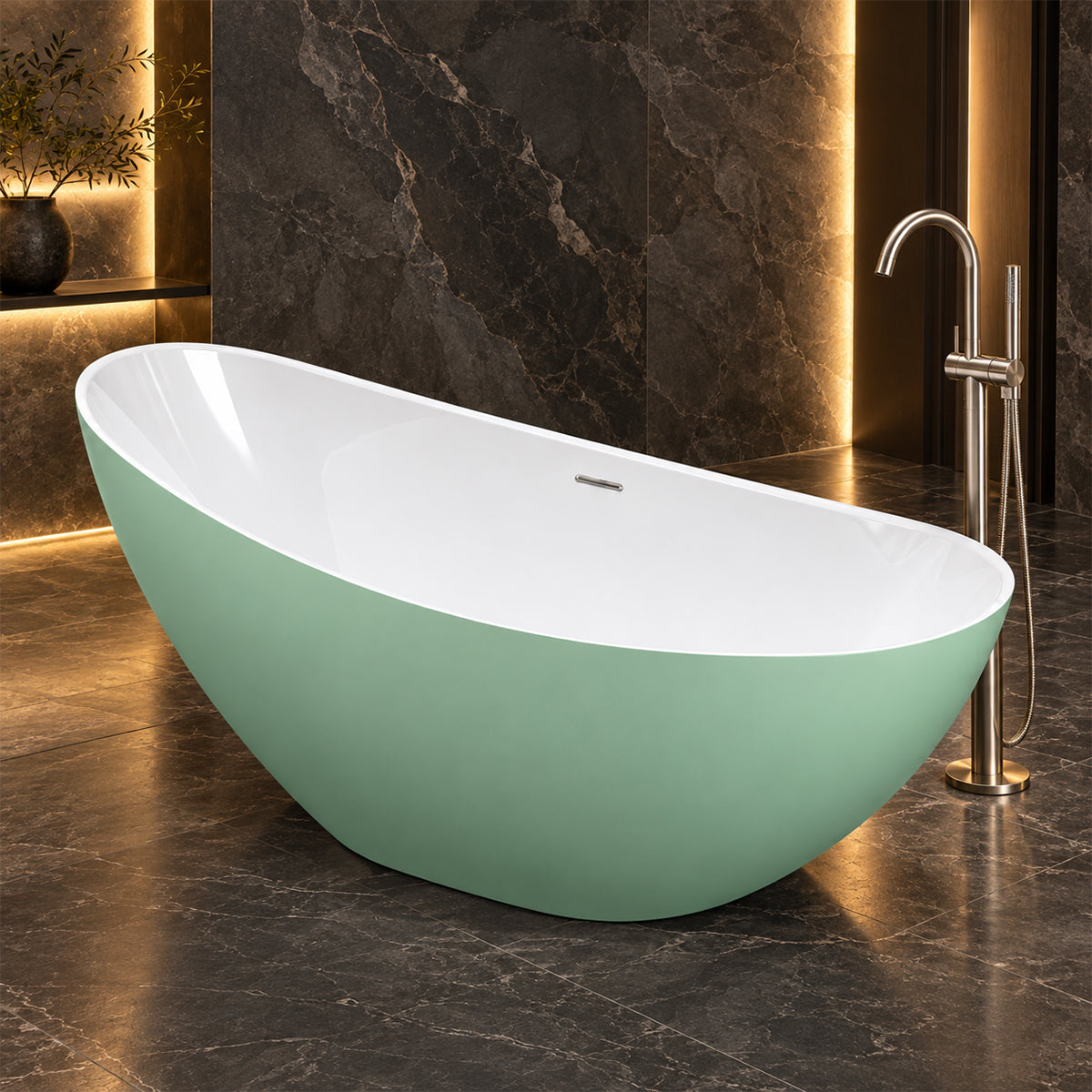 Cada de baie, freestanding, acril, ventil si preaplin crom inclus, Verde Mint Mat exterior Alb Lucios interior, 160x80 cm, Cairo