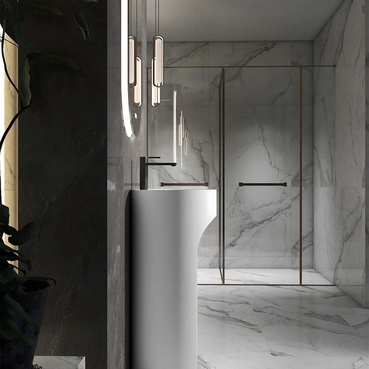 Lavoar stativ, freestanding, cu gaura de baterie, Alb Lucios, 45x45x85 cm, ceramica sanitara, Ontario