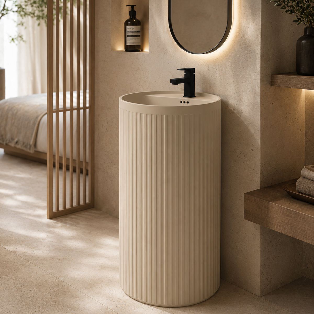 Lavoar freestanding, Jasmine Mat cu riflaj vertical, 45x45x85 cm, cu gaura de baterie, ceramica sanitara, Firenze