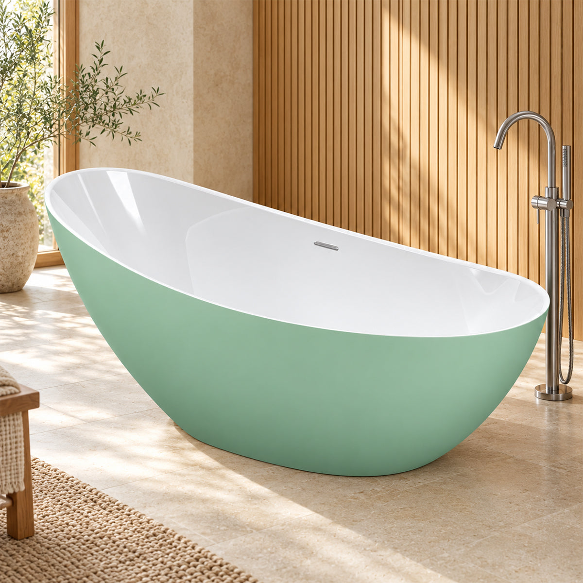 Cada de baie, freestanding, acril, ventil si preaplin crom inclus, Verde Mint Mat exterior Alb Lucios interior, 160x80 cm, Cairo
