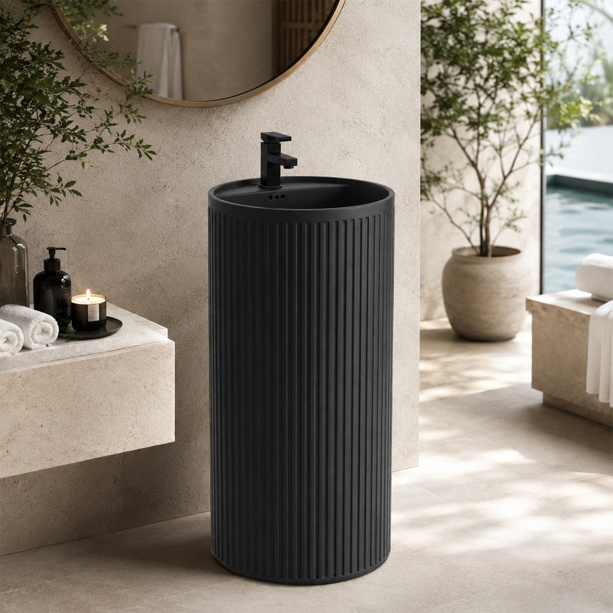 Lavoar freestanding Negru Mat cu riflaj vertical, 45x45x85 cm, cu gaura de baterie, ceramica sanitara, Firenze