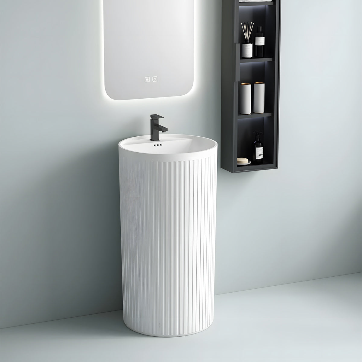 Lavoar freestanding alb lucios cu riflaj vertical, 45x45x85 cm, cu gaura de baterie, ceramica sanitara, Firenze