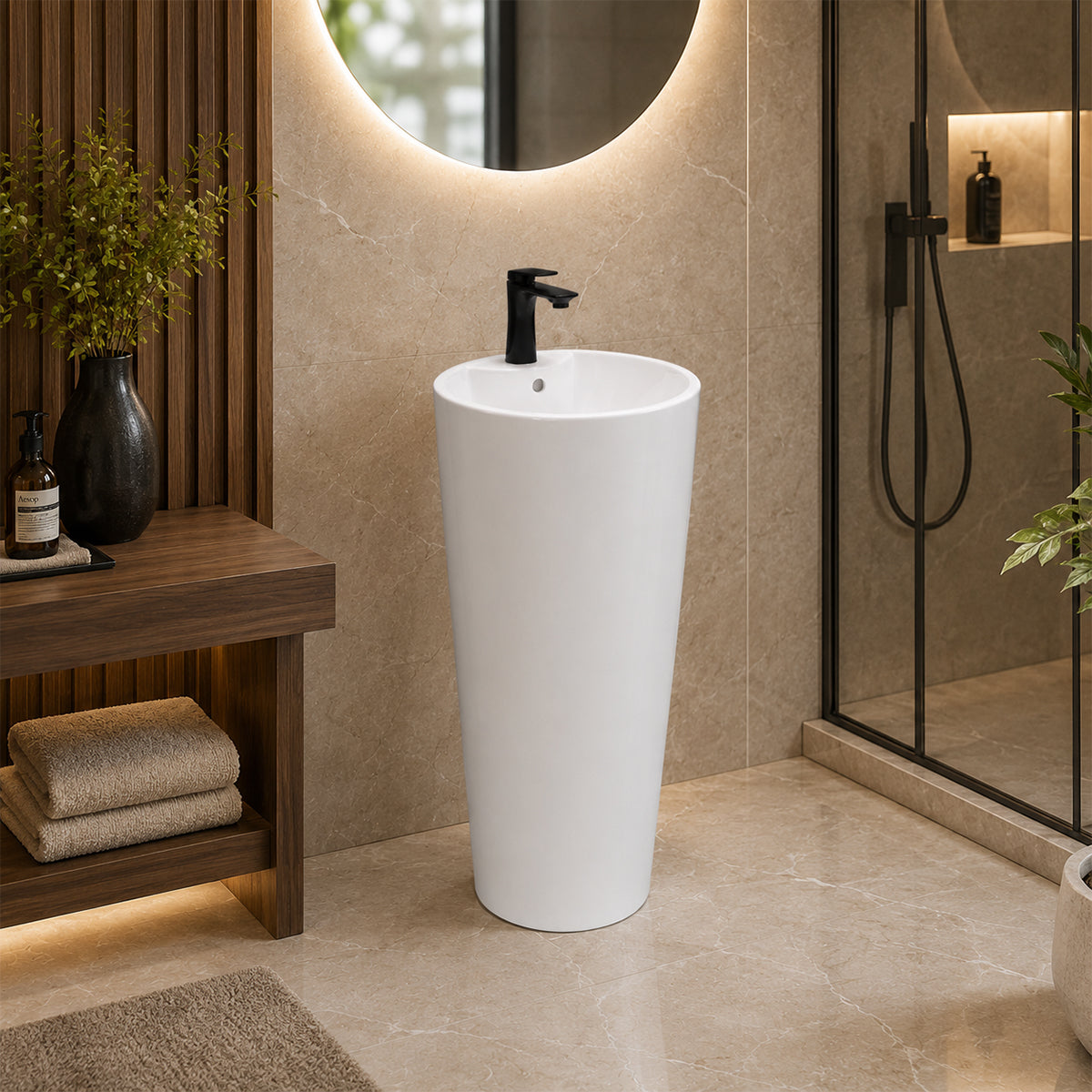 Lavoar stativ, Alb Lucios, 40x40x85 cm, ceramica sanitara, cu gaura de baterie , Lucia