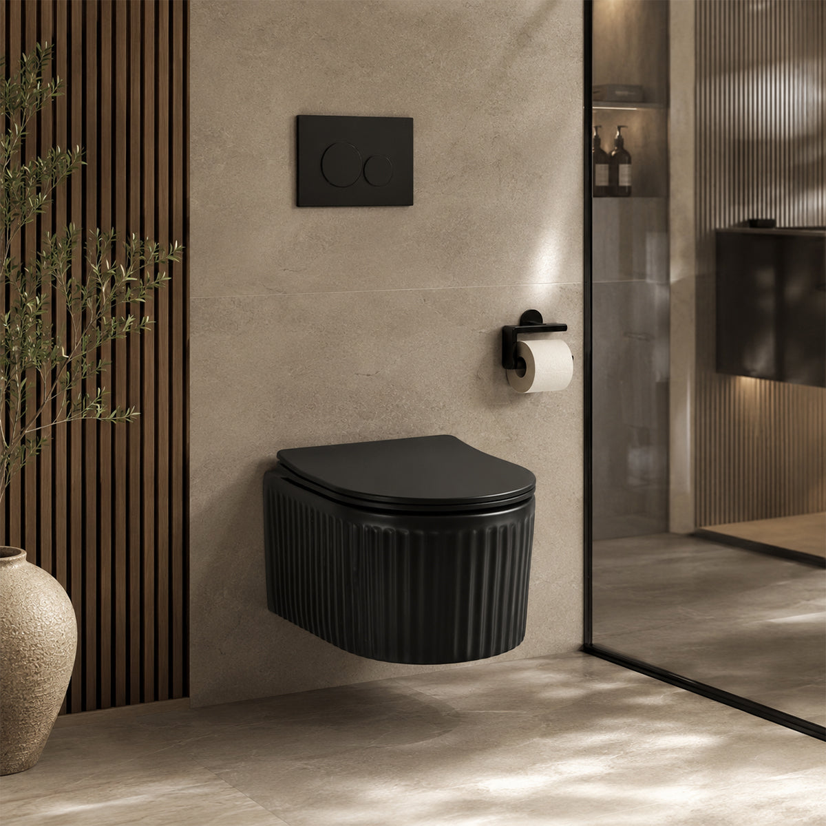 Vas WC, montaj suspendat, Negru Mat cu riflaj vertical, Sistem Tornado Flush, 49x36 cm, ceramica sanitara, Firenze