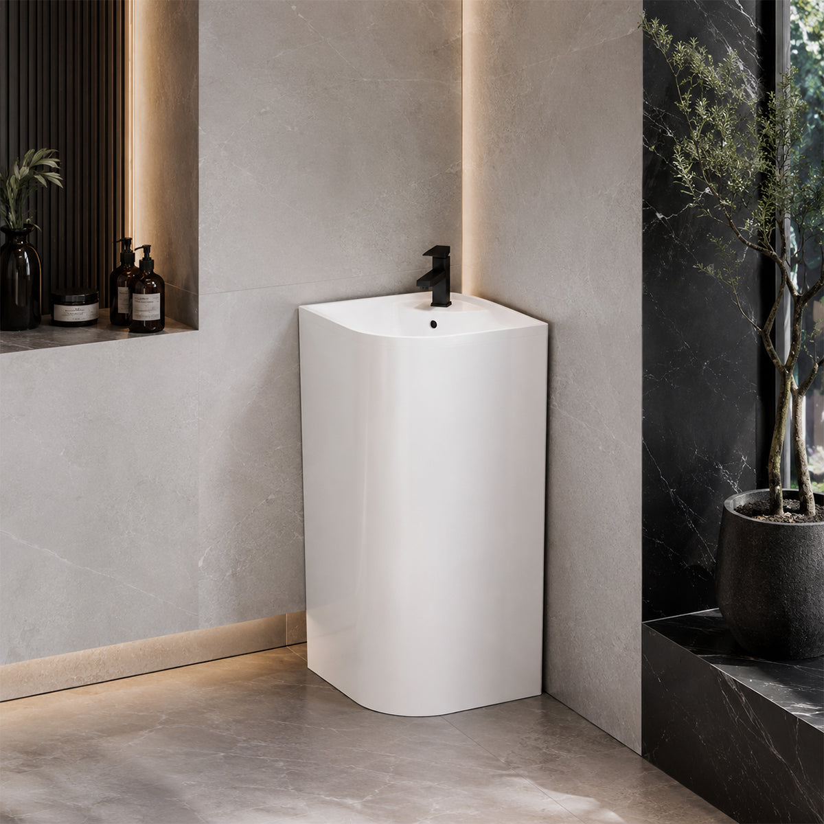 Lavoar stativ, Alb Lucios, cu gaura de baterie, 55x38x85 cm, montaj pe podea, ceramica sanitara, Monaco