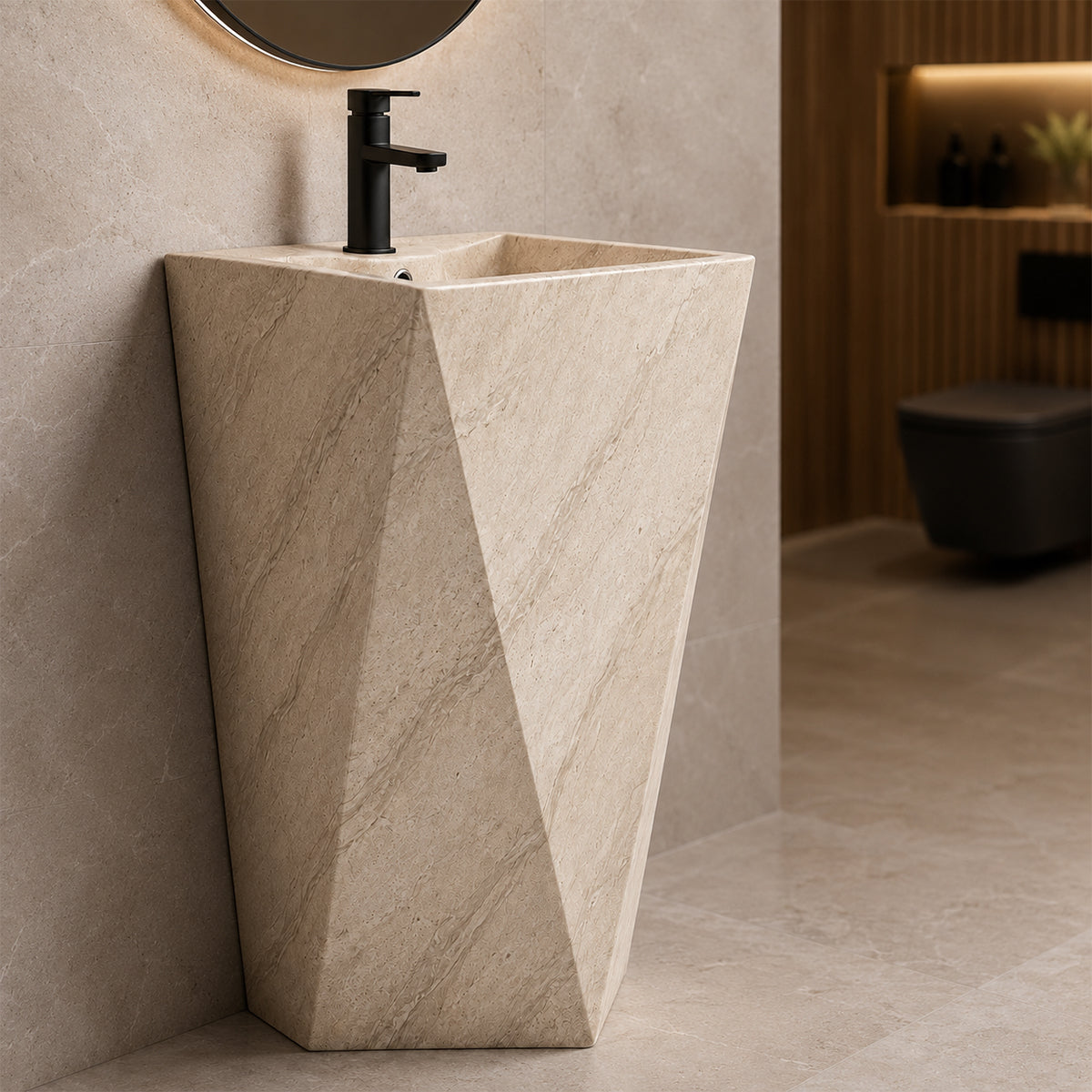 Lavoar stativ, cu gaura de baterie, 47x47x83 cm, montaj pe podea, ceramica sanitara, Enrico Stone