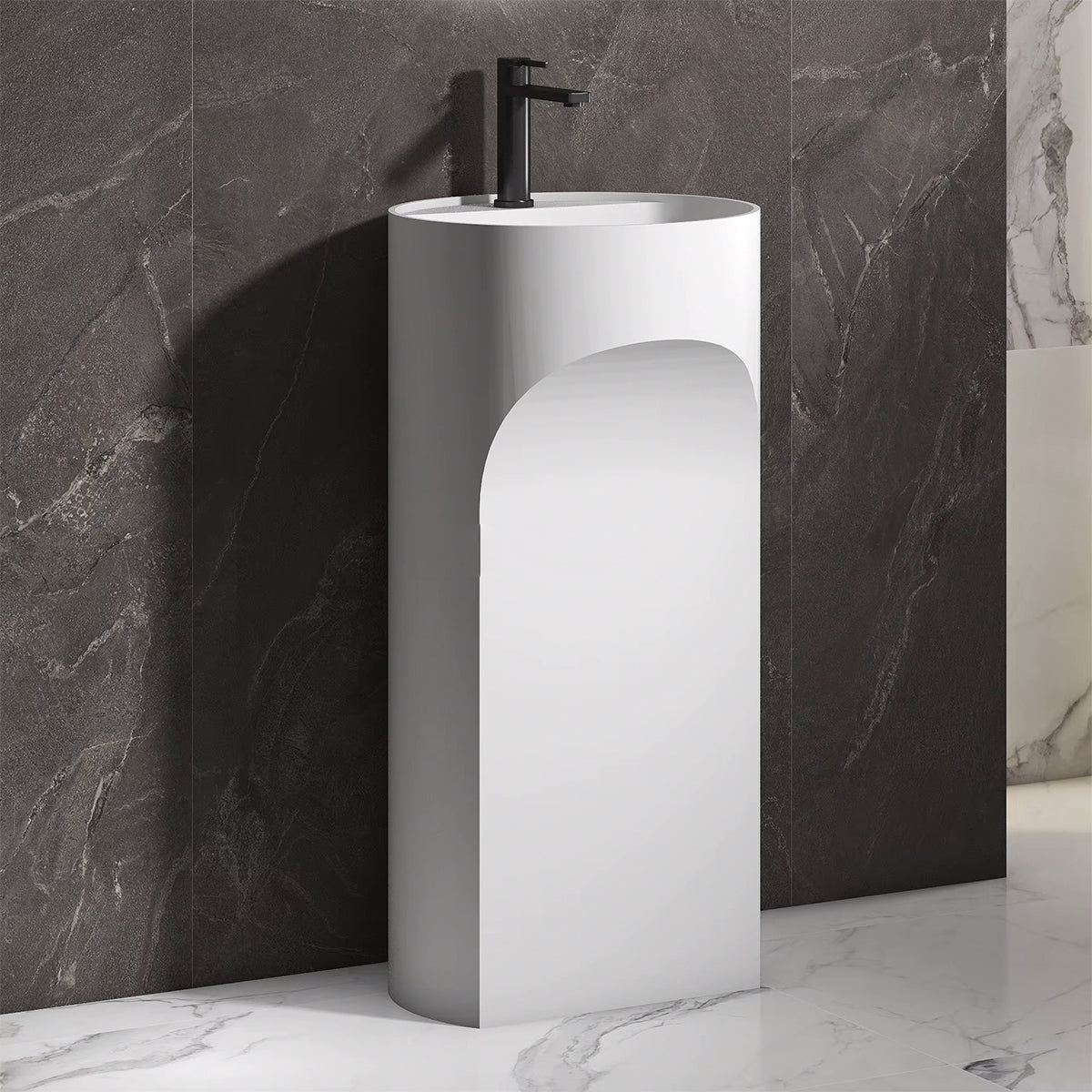 Lavoar stativ, freestanding, cu gaura de baterie, Alb Lucios, 45x45x85 cm, ceramica sanitara, Ontario
