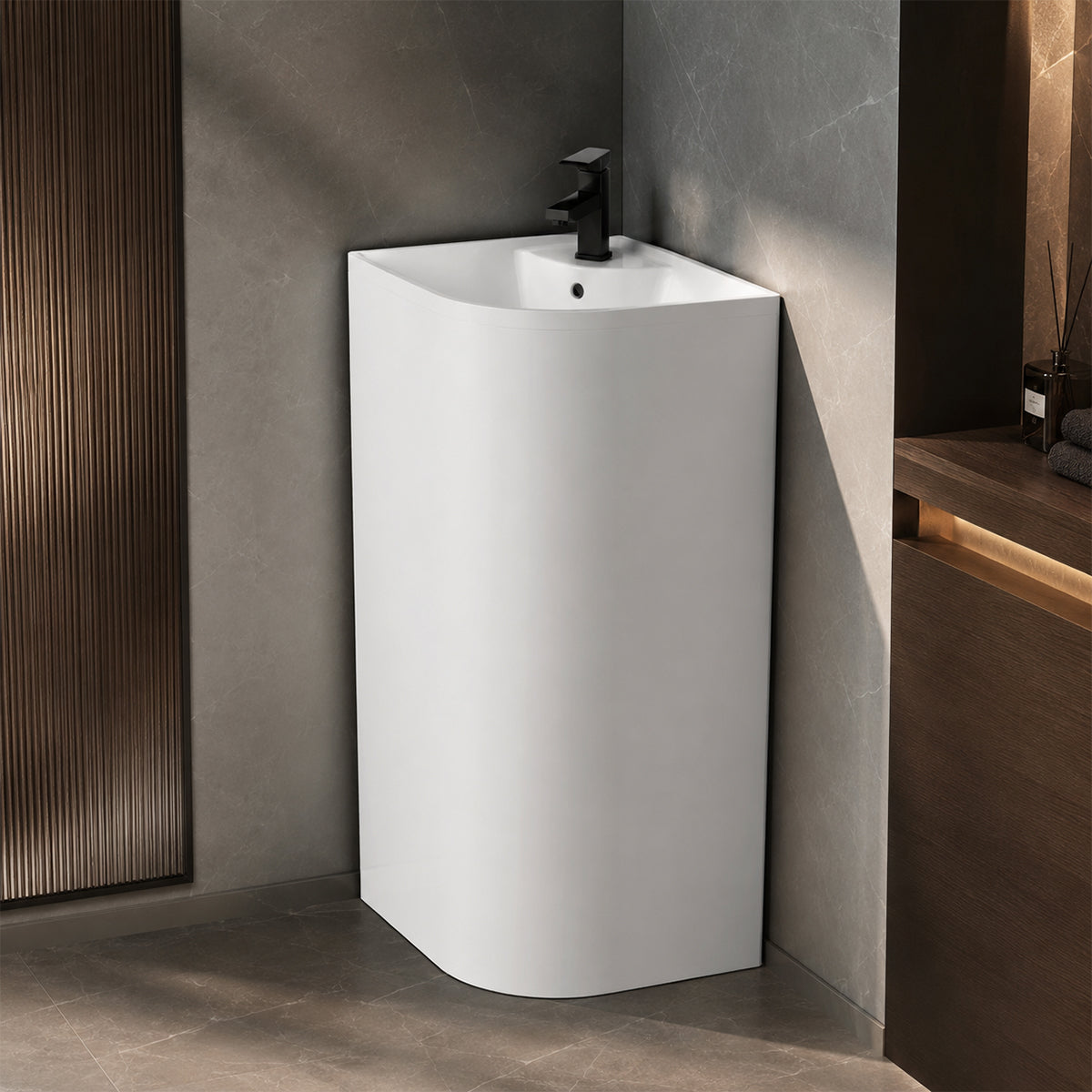 Lavoar stativ, Alb Lucios, cu gaura de baterie, 55x38x85 cm, montaj pe podea, ceramica sanitara, Monaco