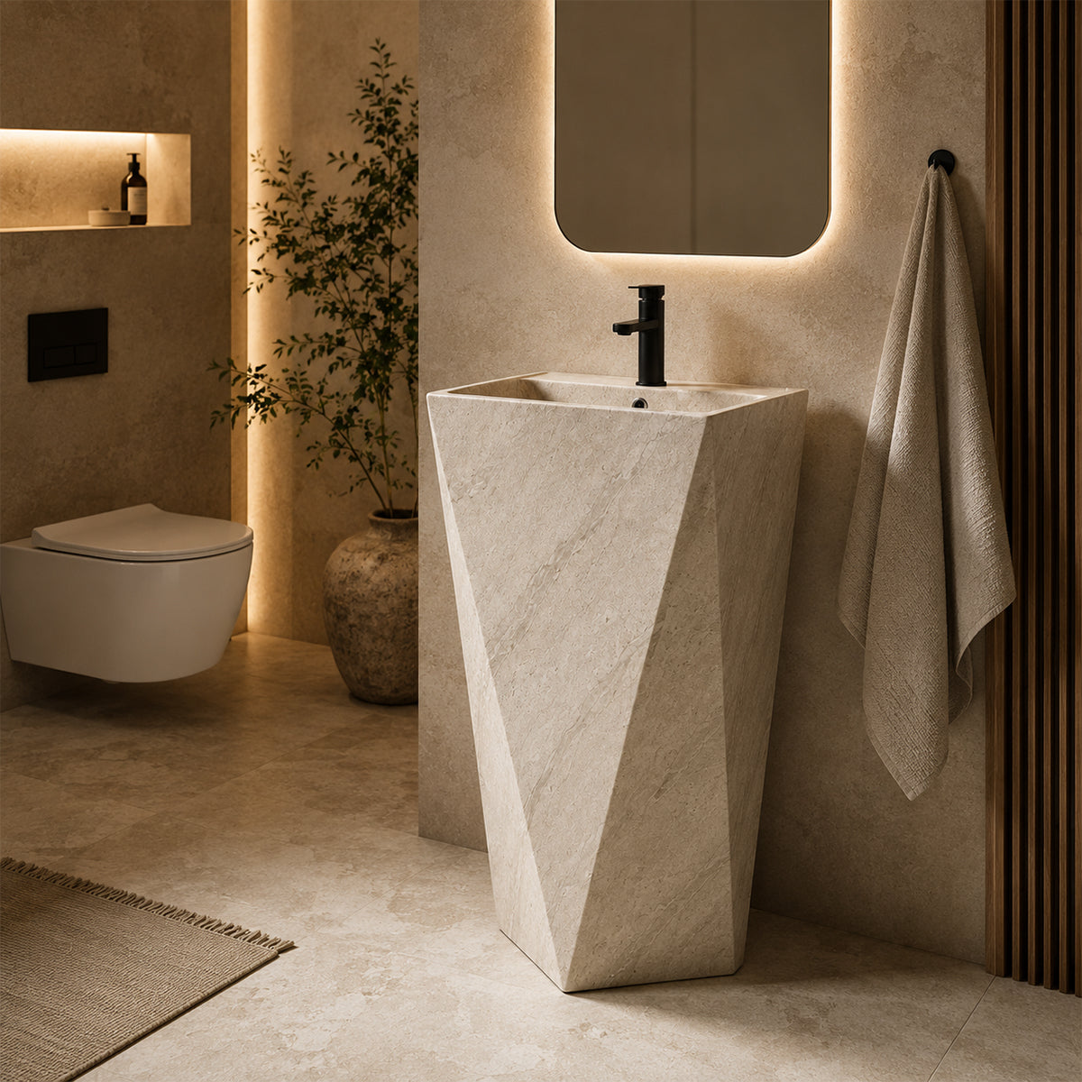 Lavoar stativ, cu gaura de baterie, 47x47x83 cm, montaj pe podea, ceramica sanitara, Enrico Stone