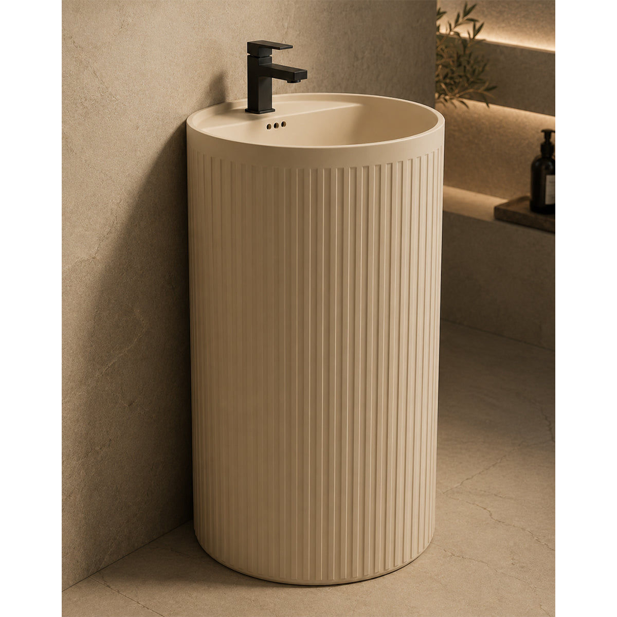 Lavoar freestanding, Jasmine Mat cu riflaj vertical, 45x45x85 cm, cu gaura de baterie, ceramica sanitara, Firenze