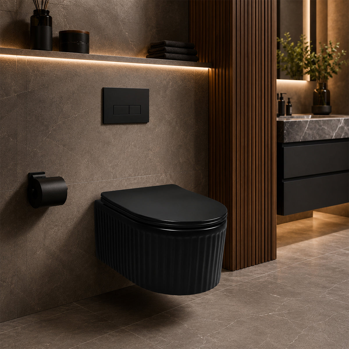 Vas WC, montaj suspendat, Negru Mat cu riflaj vertical, Sistem Tornado Flush, 49x36 cm, ceramica sanitara, Firenze