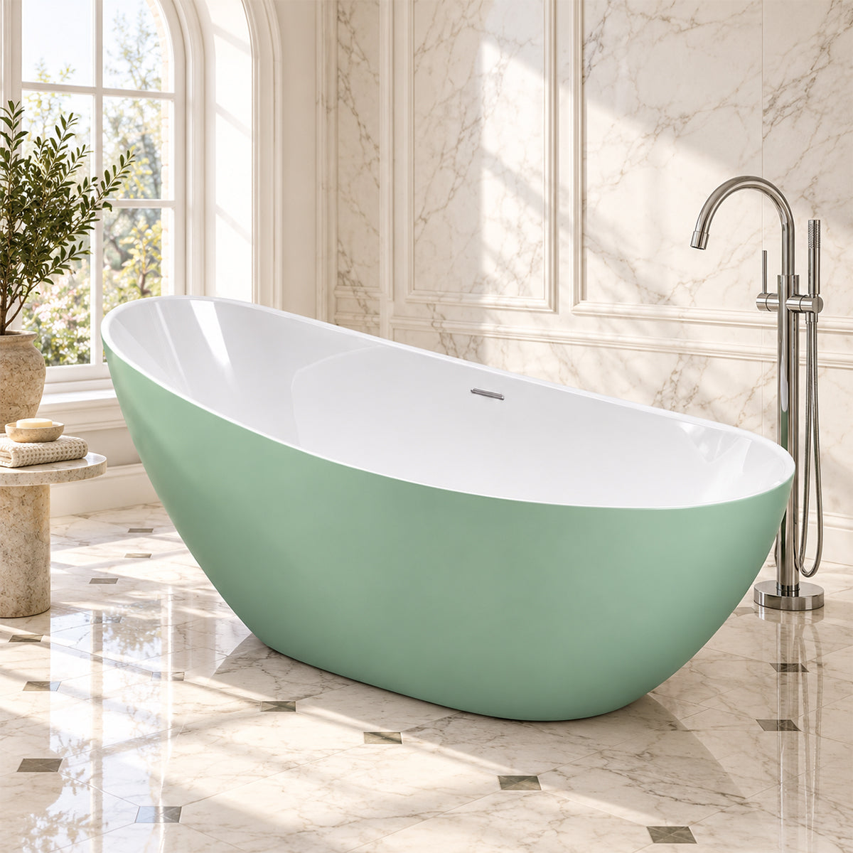 Cada de baie, freestanding, acril, ventil si preaplin crom inclus, Verde Mint Mat exterior Alb Lucios interior, 160x80 cm, Cairo