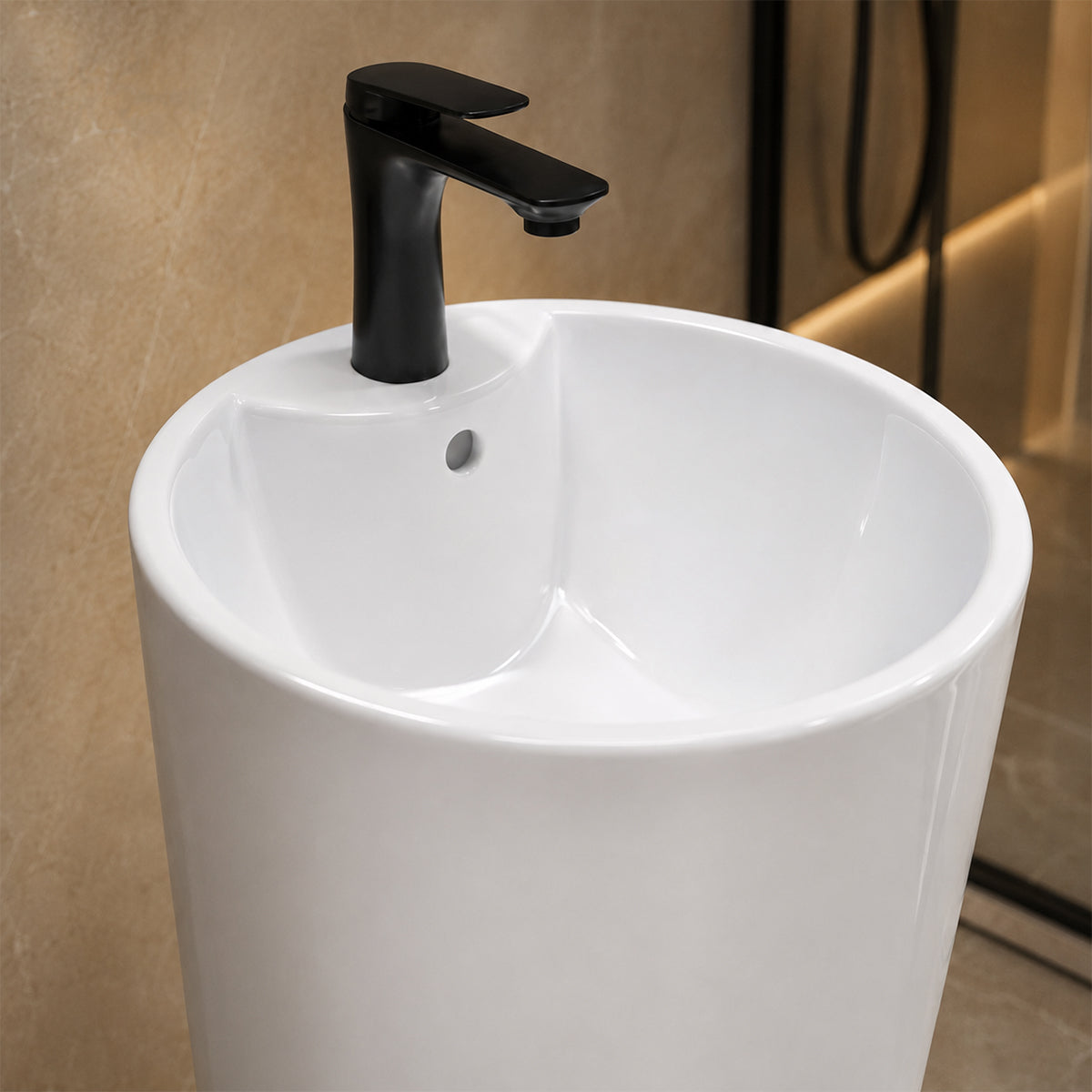 Lavoar stativ, Alb Lucios, 40x40x85 cm, ceramica sanitara, cu gaura de baterie , Lucia