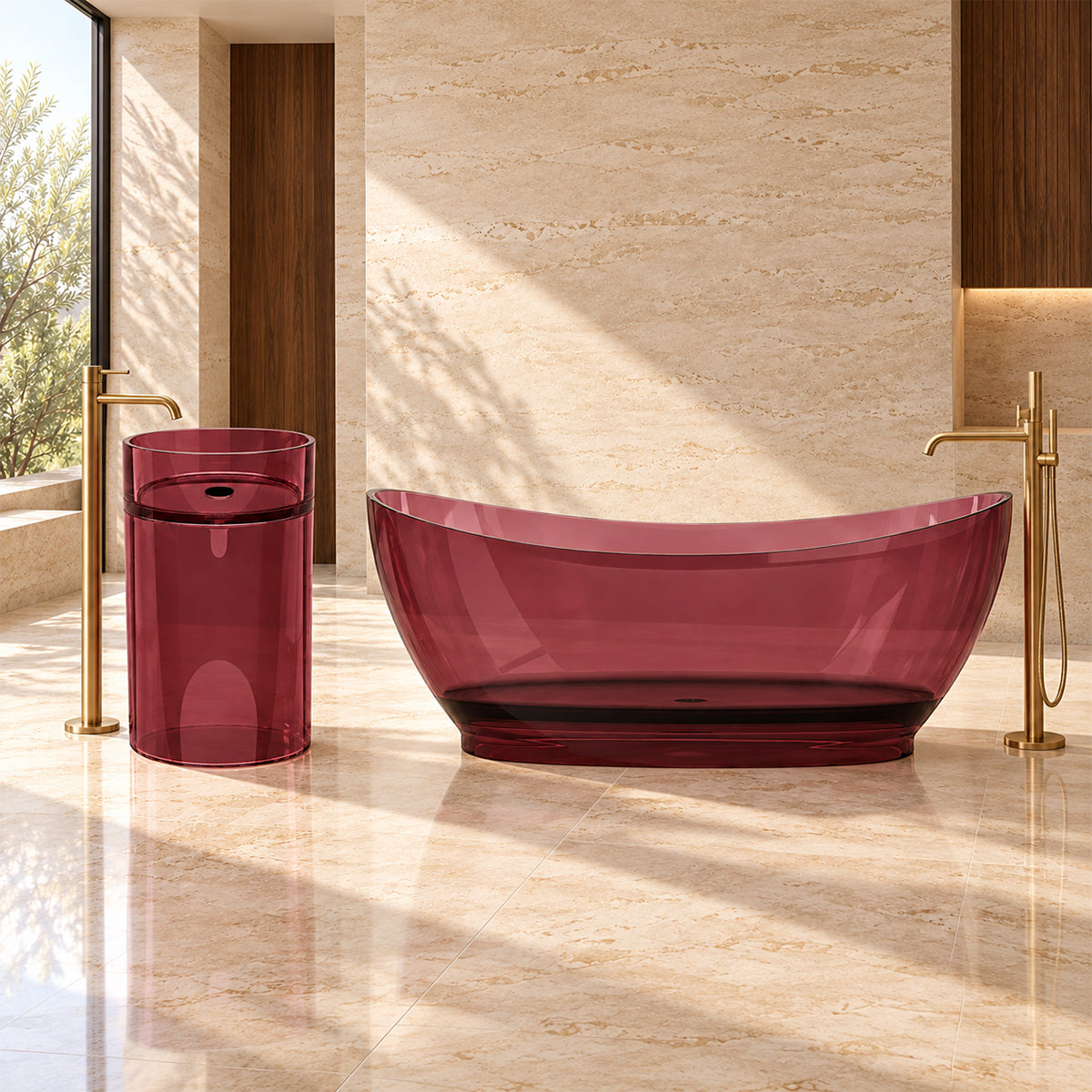 Lavoar stativ, freestanding, CristalMood, culoarea Rosu Visiniu, transparent, 45x45x85 cm, ventil inclus, Selora
