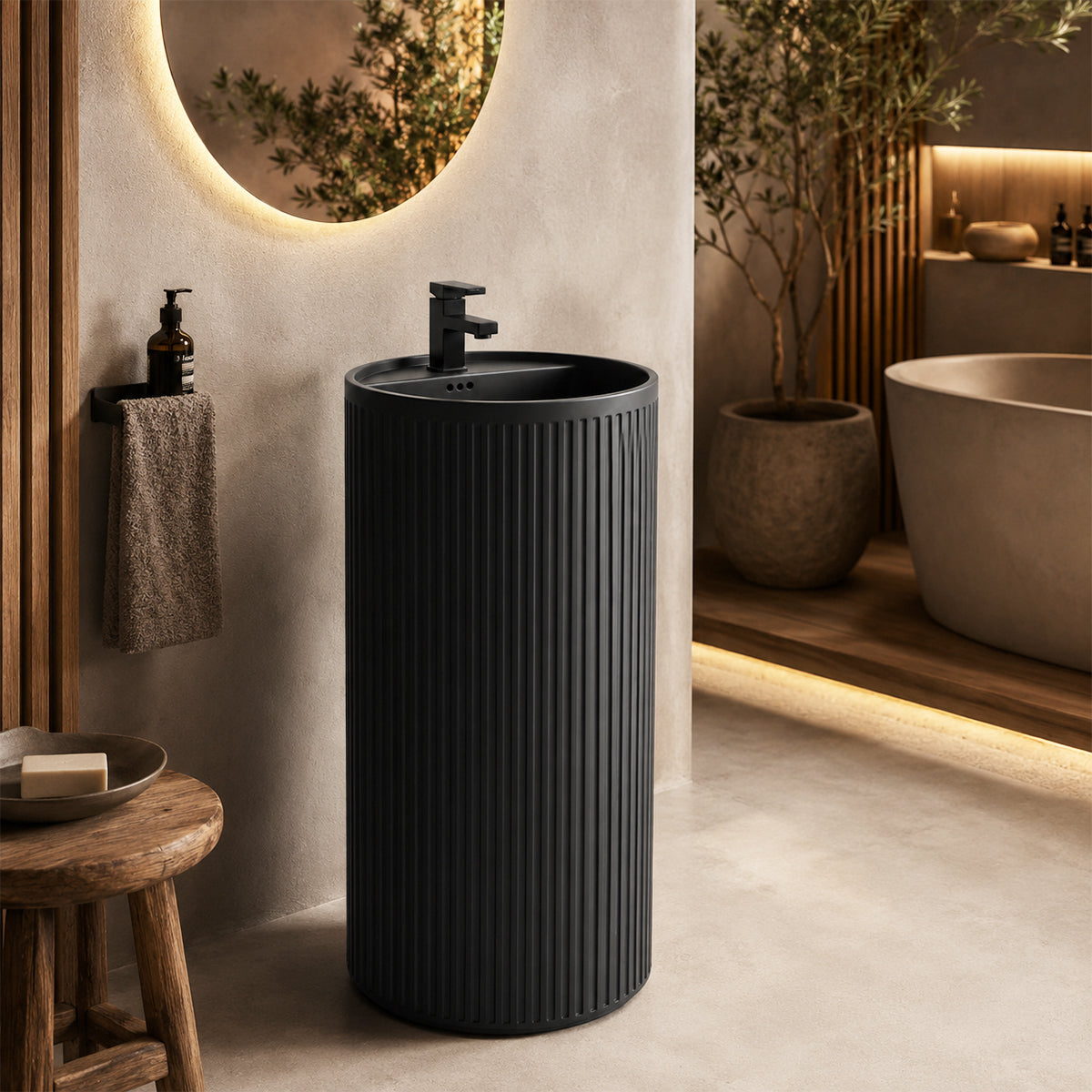 Lavoar freestanding Negru Mat cu riflaj vertical, 45x45x85 cm, cu gaura de baterie, ceramica sanitara, Firenze