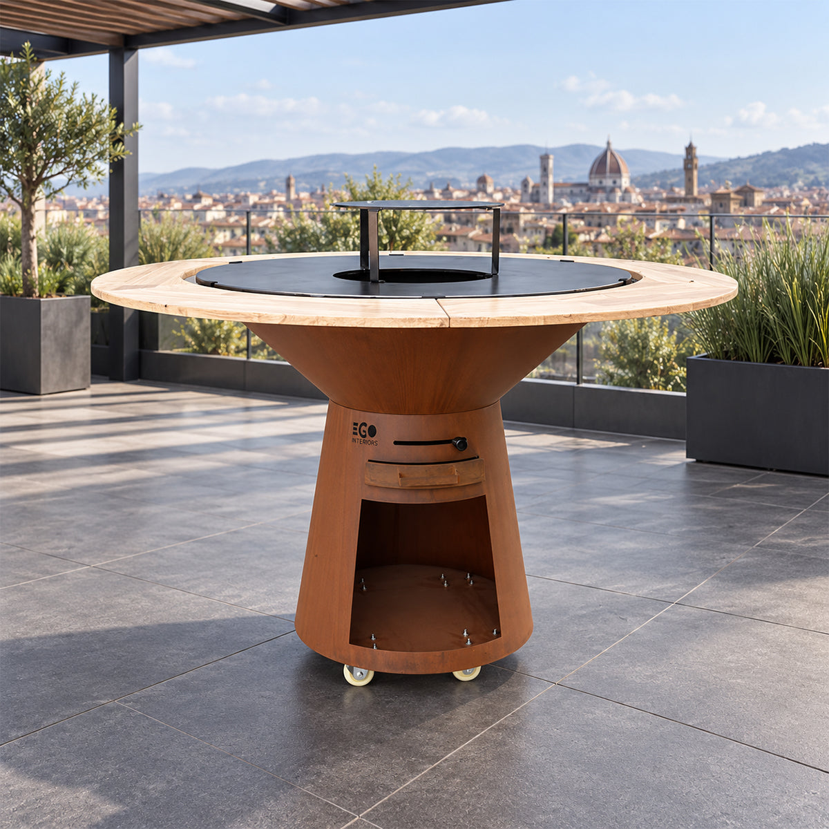 Gratar pe lemn, fonta, otel corten si lemn, Maro ruginiu, plita mare, spatiu depozitare lemne, roti transport, Ø100xH90 cm, Avangarde