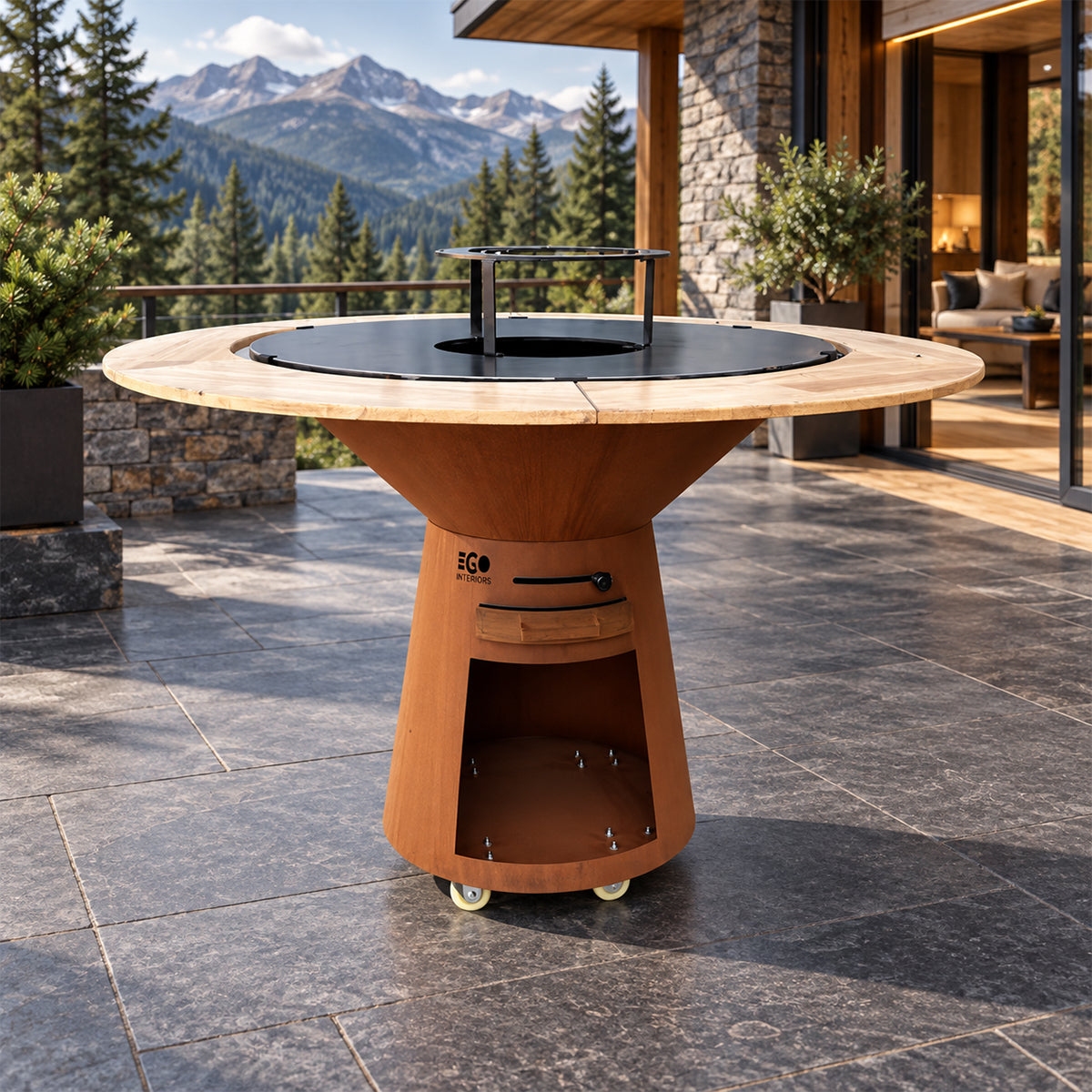 Gratar pe lemn, fonta, otel corten si lemn, Maro ruginiu, plita mare, spatiu depozitare lemne, roti transport, Ø100xH90 cm, Avangarde