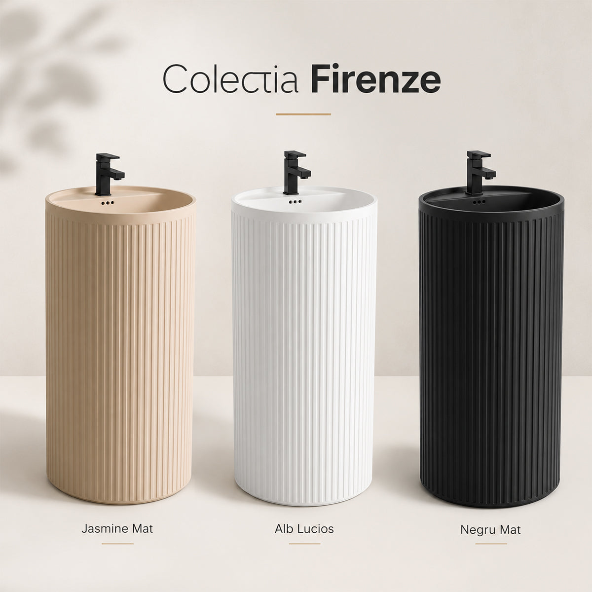 Lavoar freestanding Negru Mat cu riflaj vertical, 45x45x85 cm, cu gaura de baterie, ceramica sanitara, Firenze