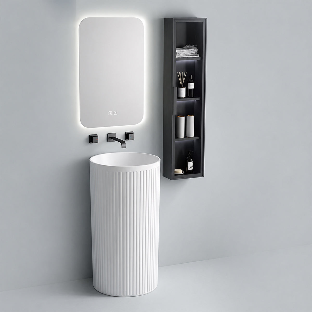 Lavoar freestanding alb lucios cu riflaj vertical, 45x45x85 cm, fara gaura de baterie, ceramica sanitara, Firenze