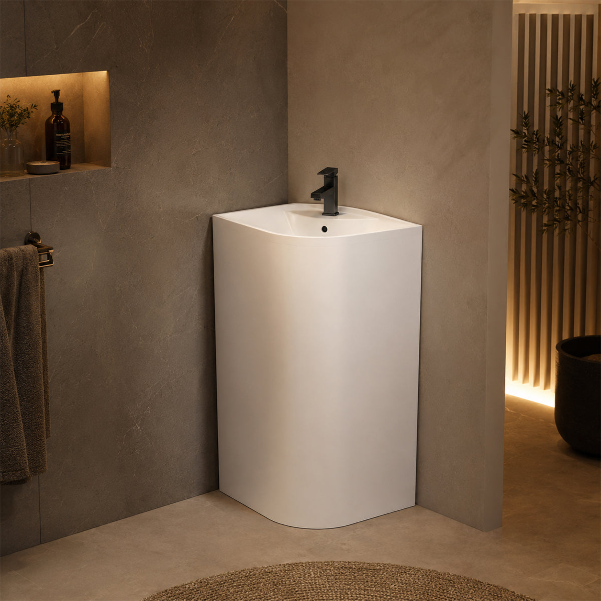 Lavoar stativ, Alb Lucios, cu gaura de baterie, 55x38x85 cm, montaj pe podea, ceramica sanitara, Monaco