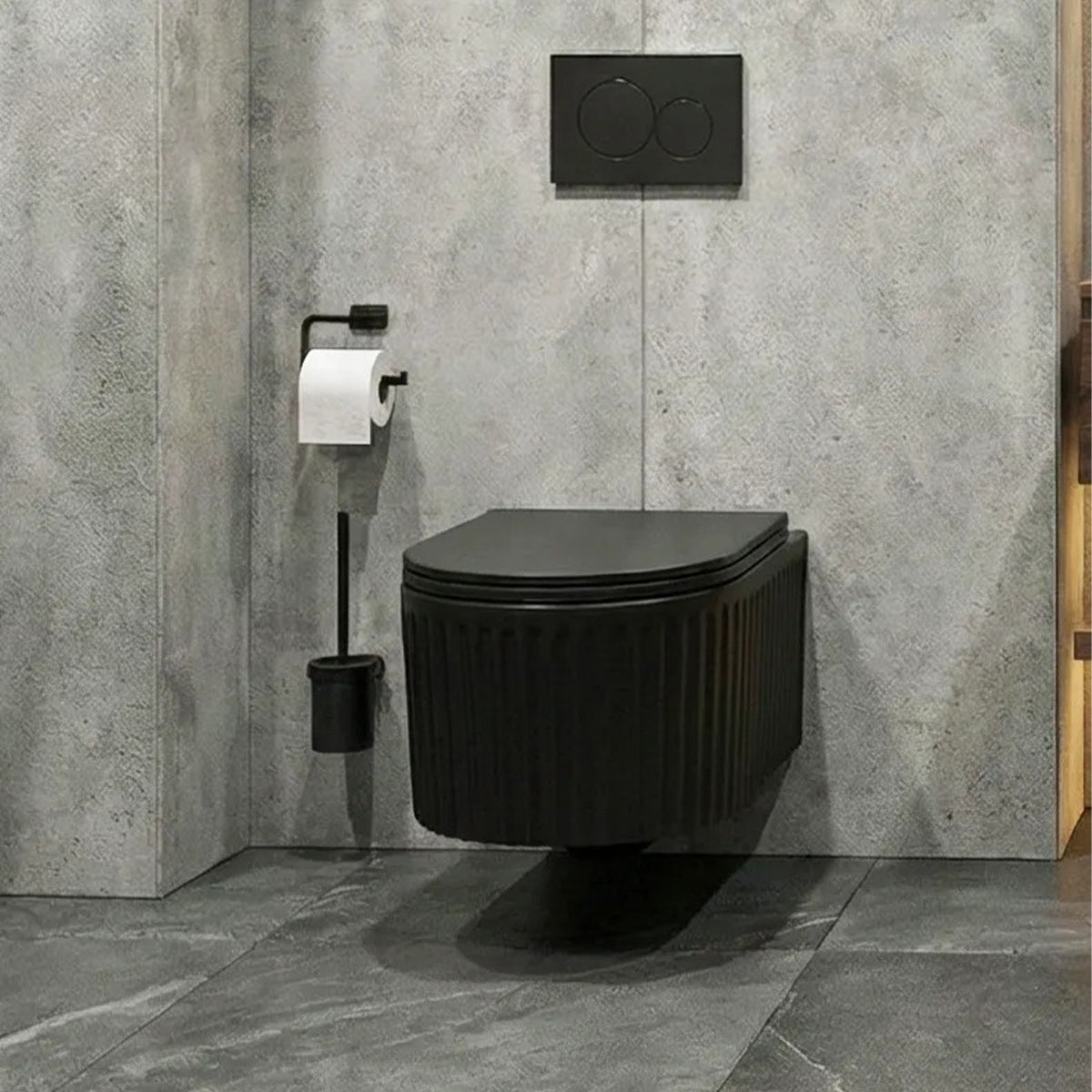 Vas WC, montaj suspendat, Negru Mat cu riflaj vertical, Sistem Tornado Flush, 49x36 cm, ceramica sanitara, Firenze
