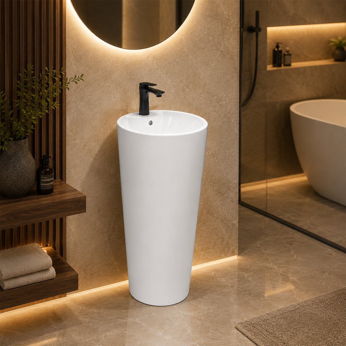 Lavoar stativ, Alb Lucios, 40x40x85 cm, ceramica sanitara, cu gaura de baterie , Lucia