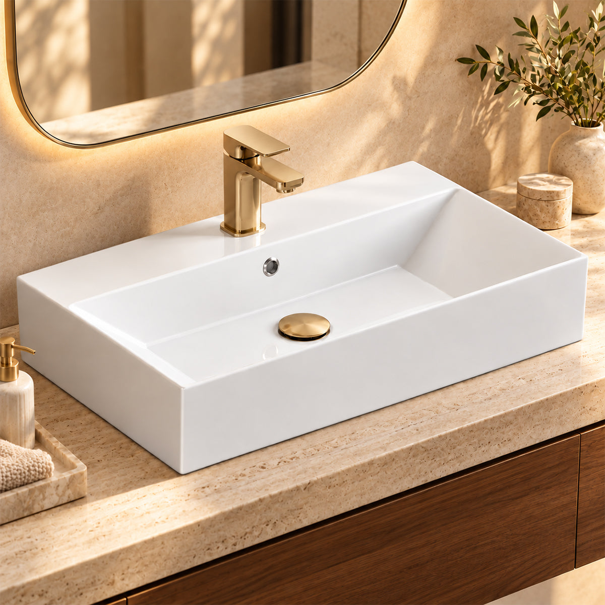 Lavoar, Alb lucios, ceramica sanitara, gaura de baterie, montaj pe blat sau suspendat, 70x42 cm, Nivo