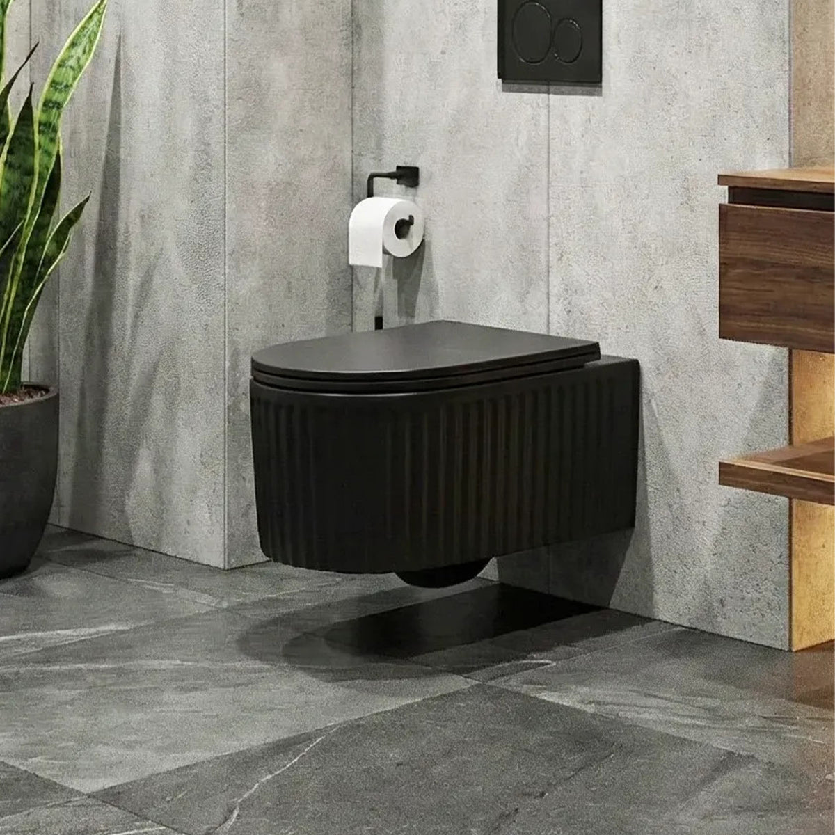 Vas WC, montaj suspendat, Negru Mat cu riflaj vertical, Sistem Tornado Flush, 49x36 cm, ceramica sanitara, Firenze