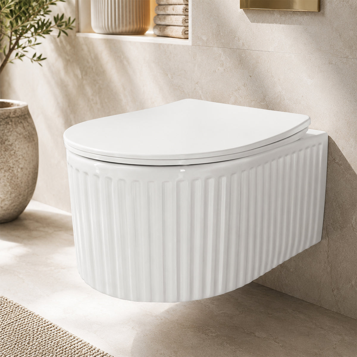 Vas WC, montaj suspendat, Alb Lucios cu riflaj vertical, Sistem Tornado Flush, 49x36 cm, ceramica sanitara, Firenze