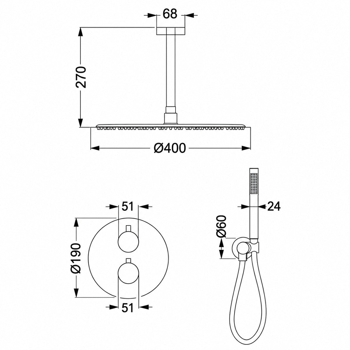 Sistem dus, Auriu Mat, montaj din tavan, baterie incastrata cu termostat, dus tip ploaie, diametru 40 cm, Apolo
