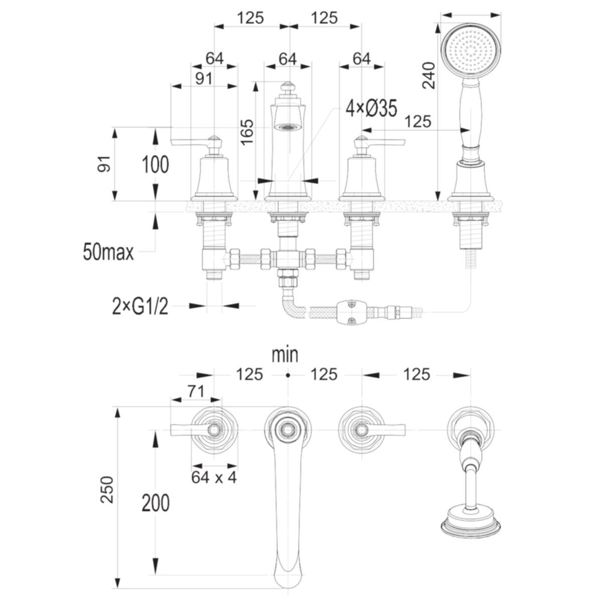Baterie cada OMNIRES ARMANCE VINTAGE, finisaj periat Cupru, 4 gauri, perlator, duze silicon Easy Clean, montaj pe cada