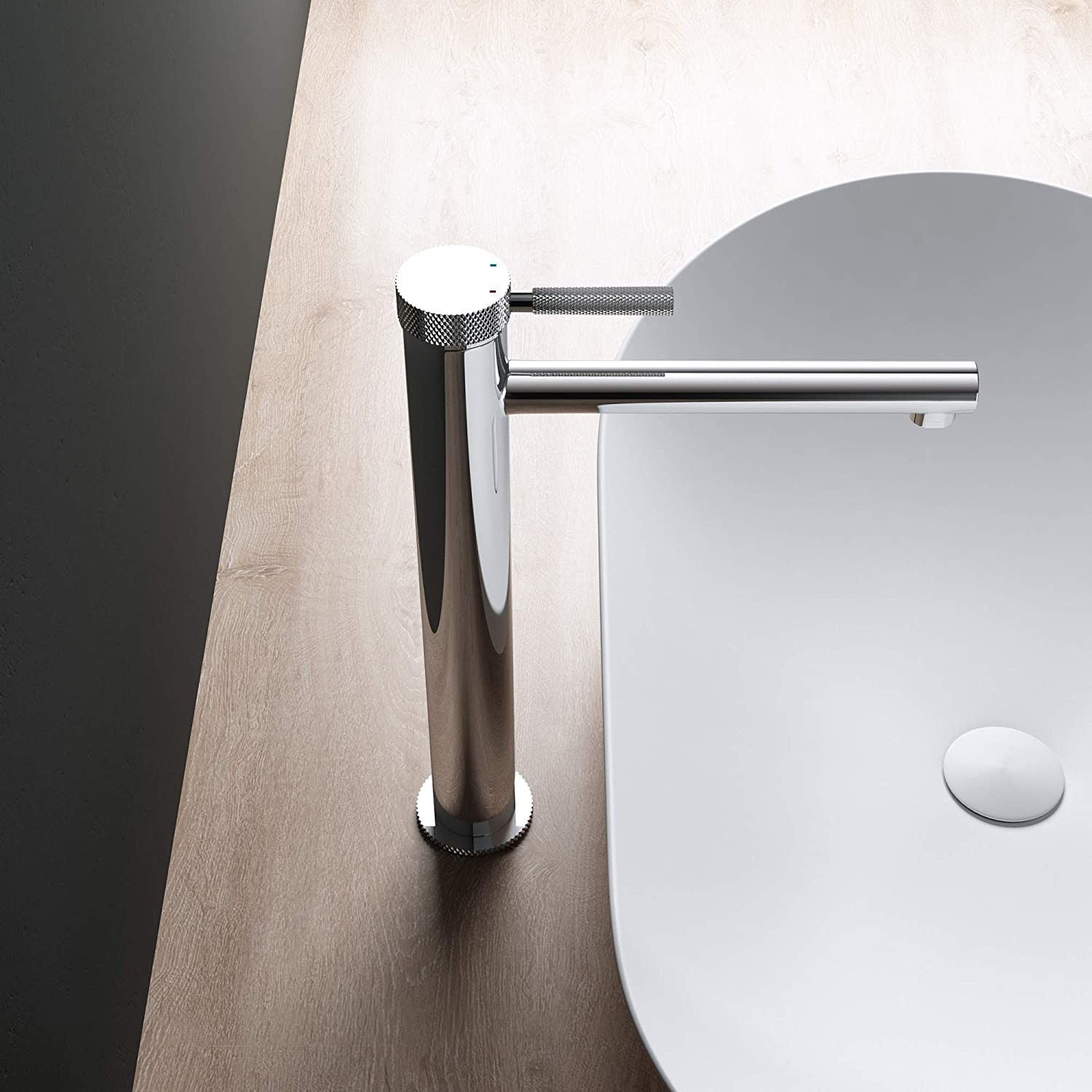 Baterie lavoar EGO-Tiona Chrome High, montaj pe blat, finisaj Crom, perlator aer, design deosebit