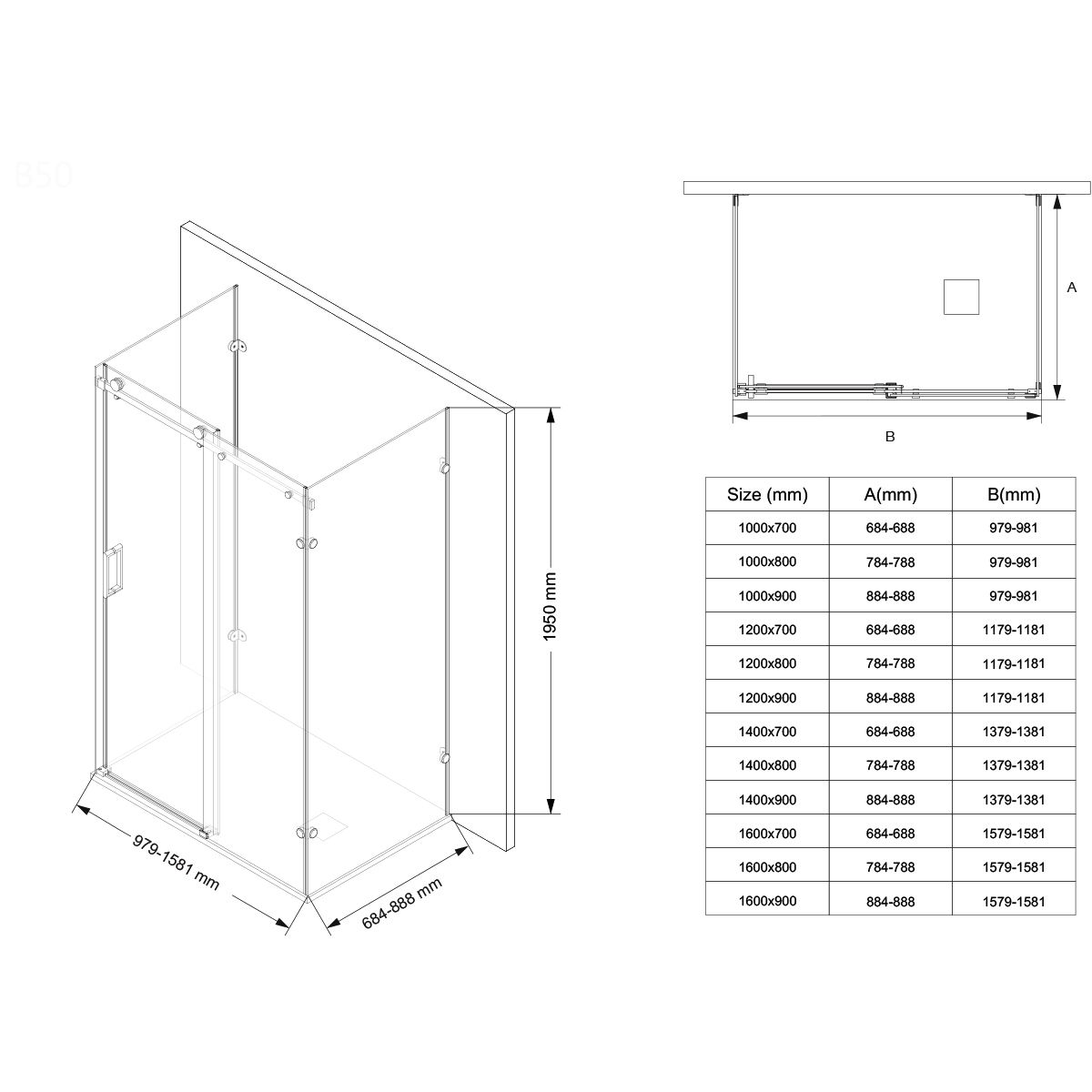 Cabina de dus, 3 laturi, perete fix, usa glisanta, 8 mm, Tratament Nano, Negru Mat, Dimensiuni 70-90x100-120-160 cm, Solana