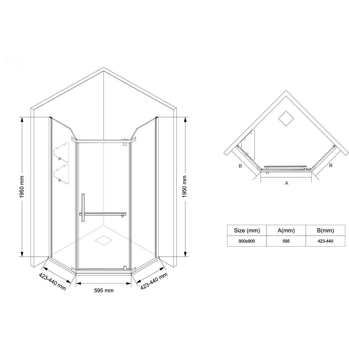 Cabina de dus, pentagonala, usa batanta, Auriu Mat, sticla 8 mm, suport prosoape, 2 rafturi, 90 x 90 cm, Nano Easy Clean, Leon
