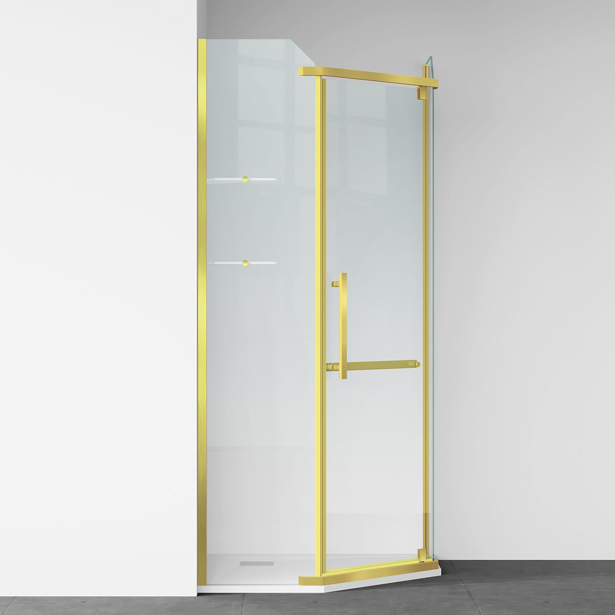 Cabina de dus, pentagonala, usa batanta, Auriu Mat, sticla 8 mm, suport prosoape, 2 rafturi, 90 x 90 cm, Nano Easy Clean, Leon