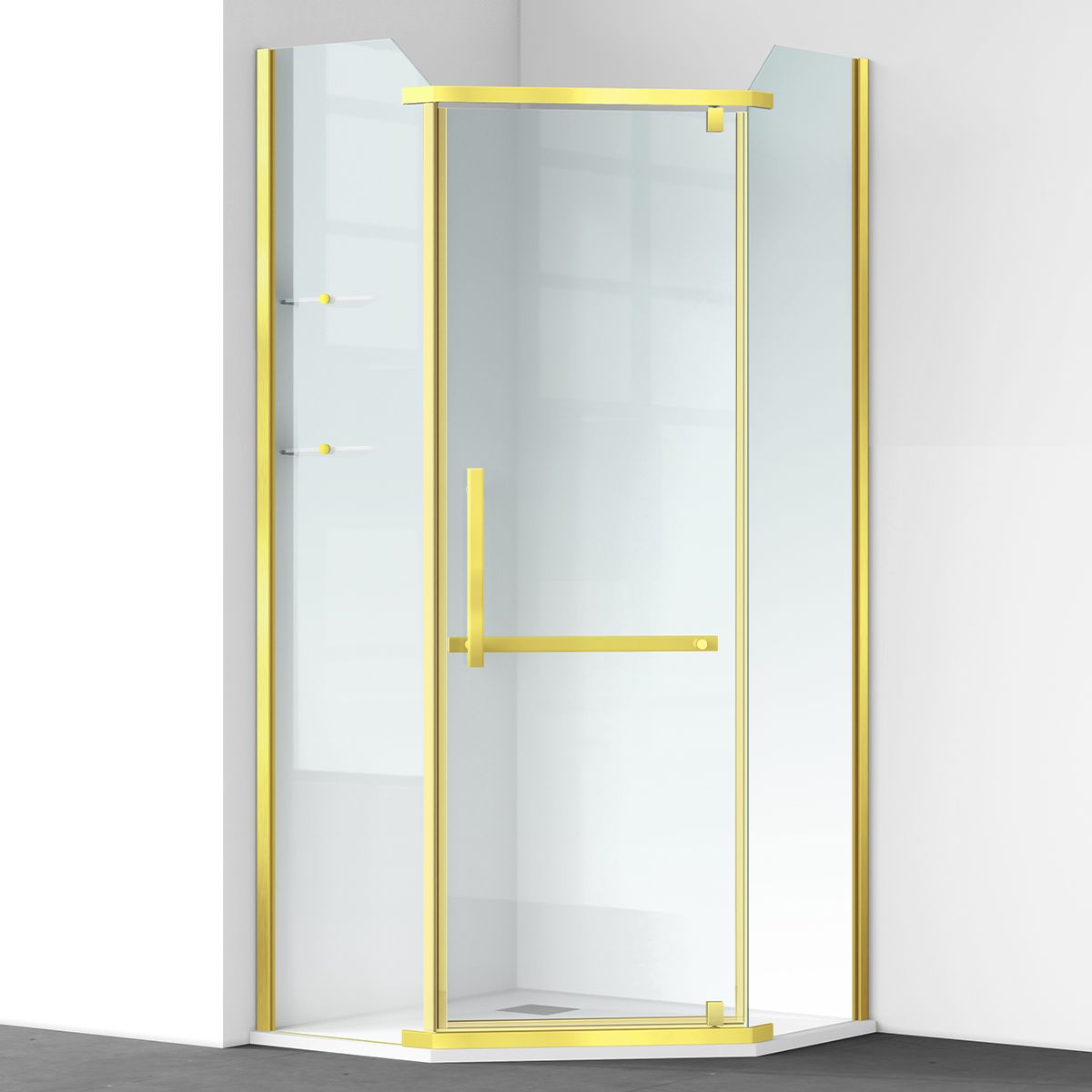 Cabina de dus, pentagonala, usa batanta, Auriu Mat, sticla 8 mm, suport prosoape, 2 rafturi, 90 x 90 cm, Nano Easy Clean, Leon