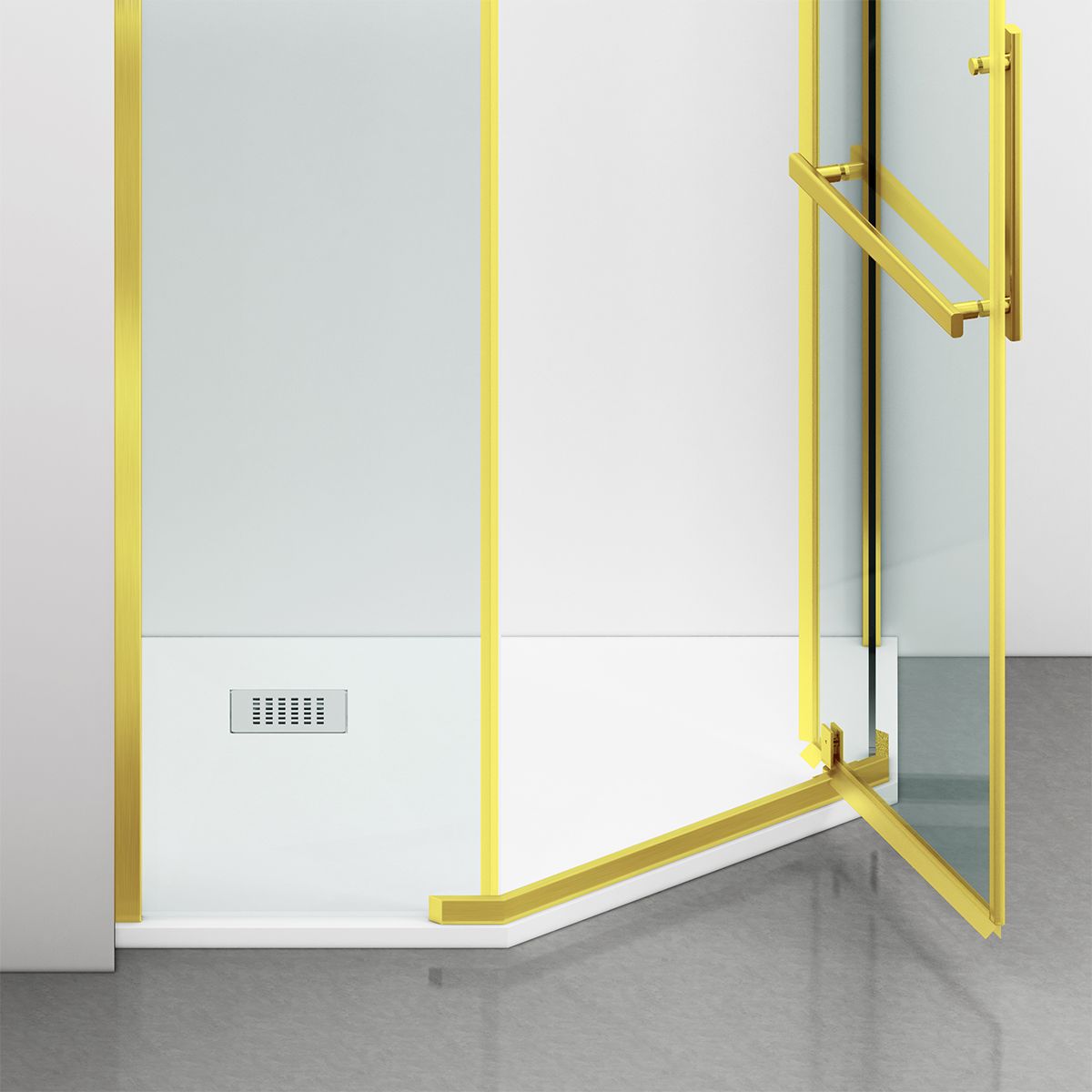 Cabina de dus, pentagonala, usa batanta, Auriu Mat, sticla 8 mm, suport prosoape, 2 rafturi, 90 x 90 cm, Nano Easy Clean, Leon